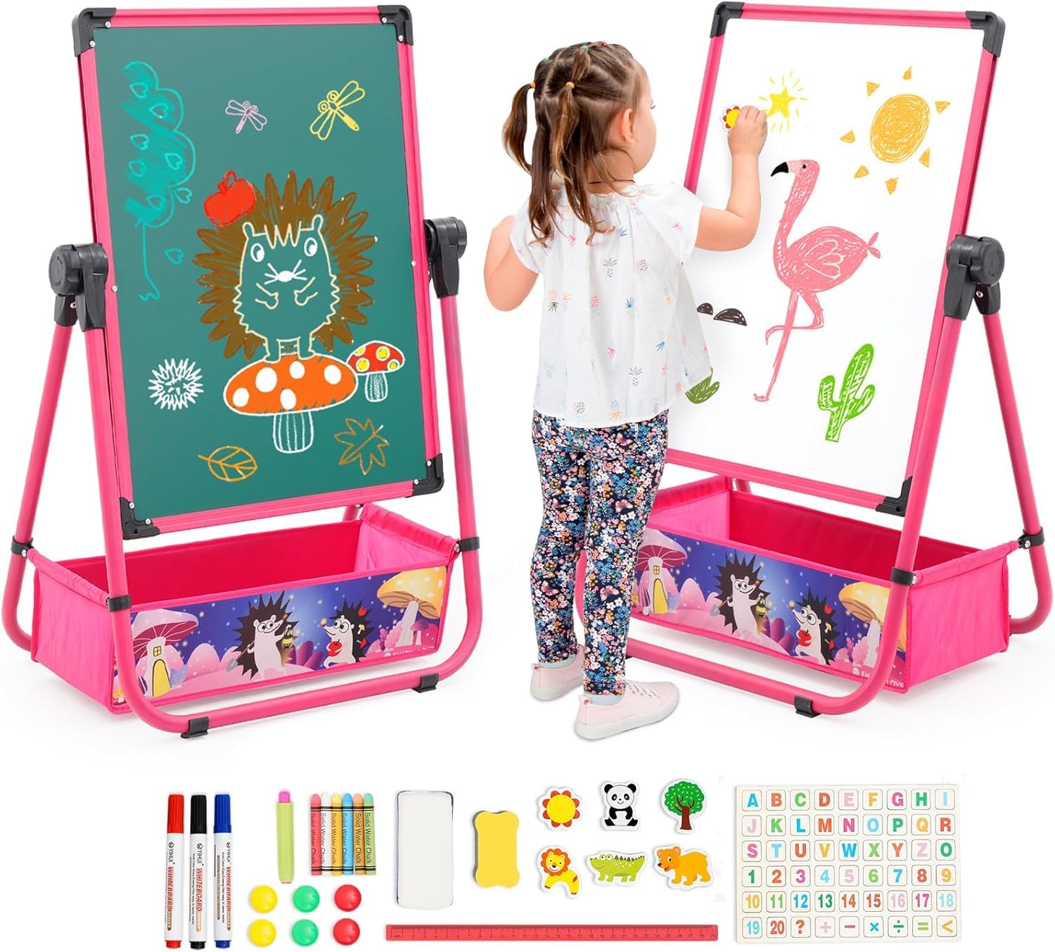 Kinderstaffelei, Kinder Staffelei Magnetische Kreidetafel & Whiteboard, Höhenverstellbar 29.5inch-44inch, 360 Grad Drehbare Kreidetafel, Geschenk für Kinder (rosa)