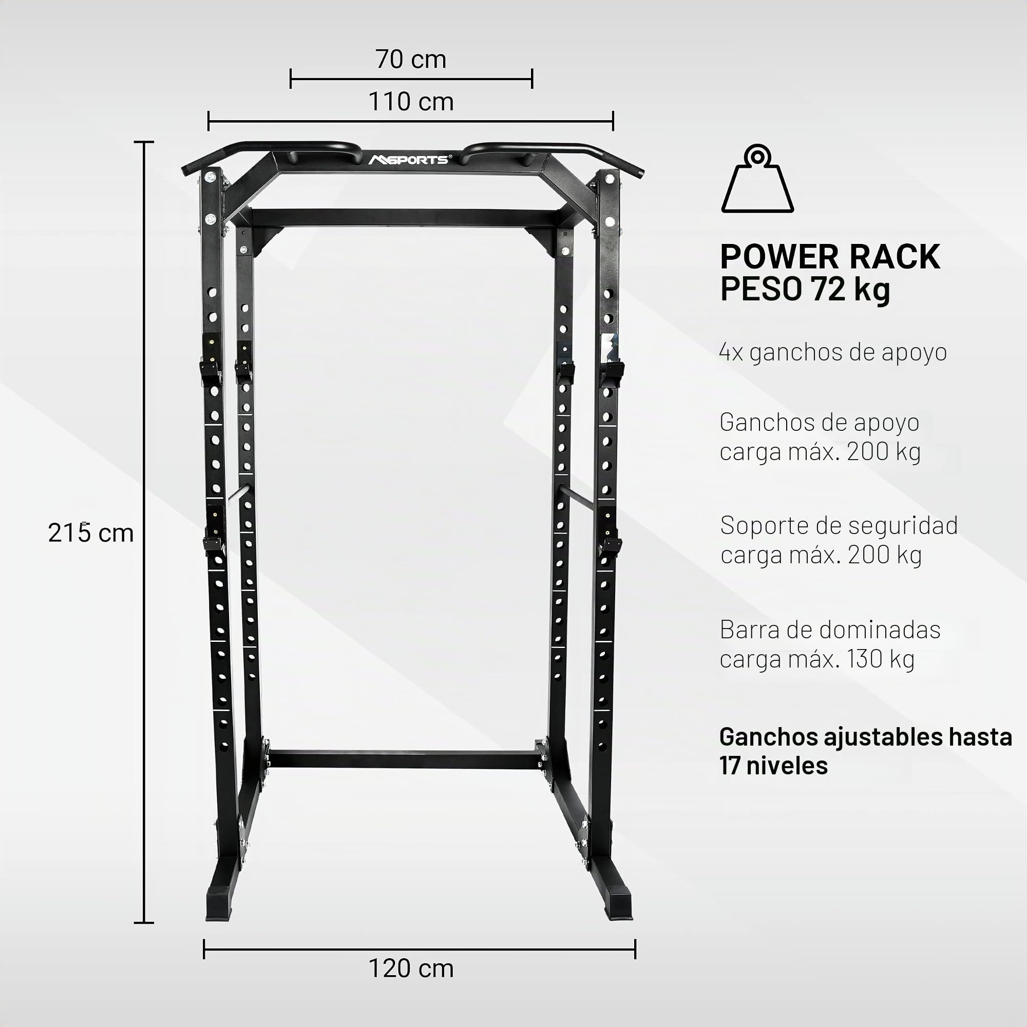 MSPORTS Power Rack Premium Cage H/B/T – 215 x 120 x 140 cm – Estación de fuerza hasta 200 kg Pesas Jaula Squat Fitness Station