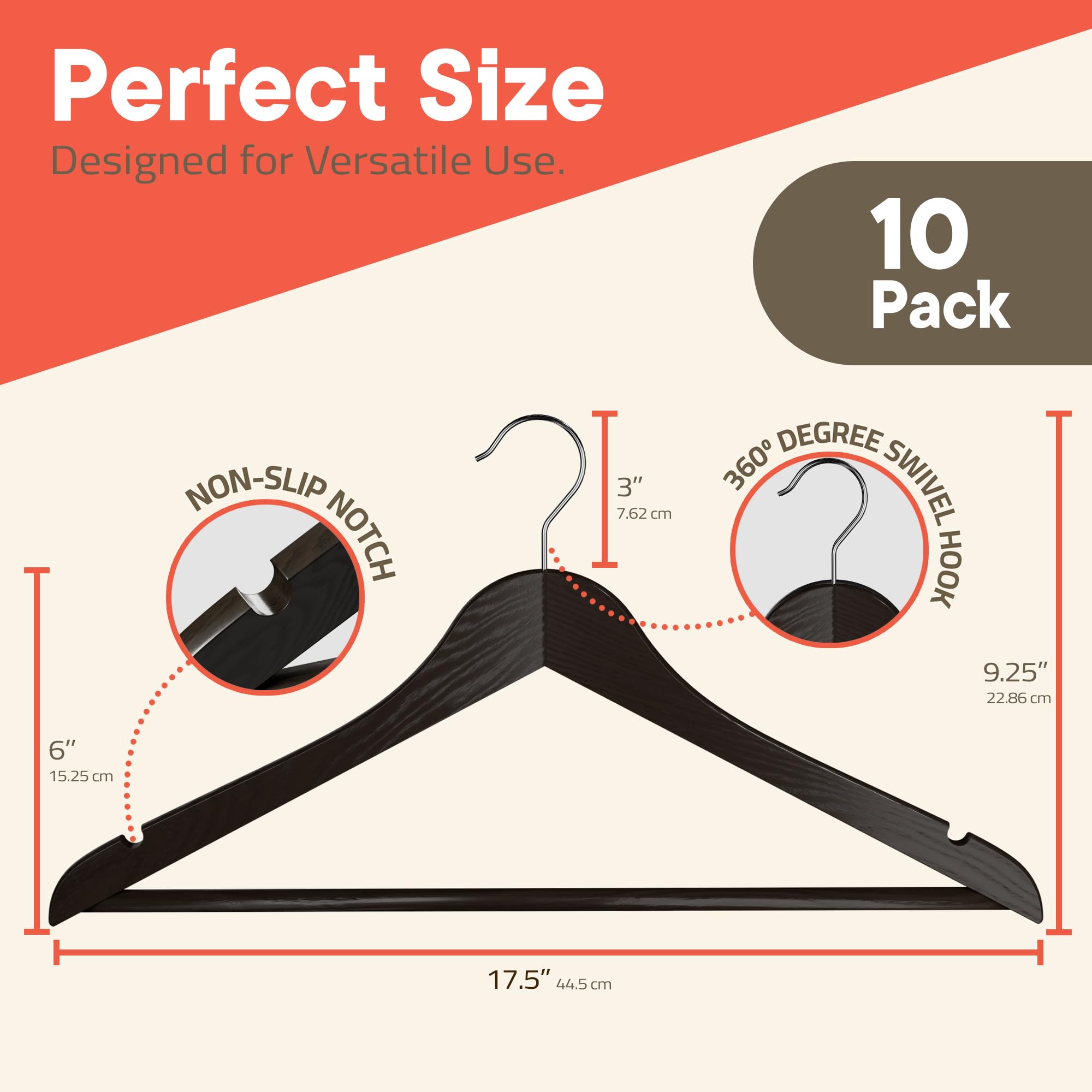 Paquete de 10 Perchas de Madera Color marrón, Resistentes, con Gancho Giratorio de 360°, Antideslizante, Barra para Pantalones y Ranuras para los Hombros, Perchas de Madera para Trajes, Chaquetas,