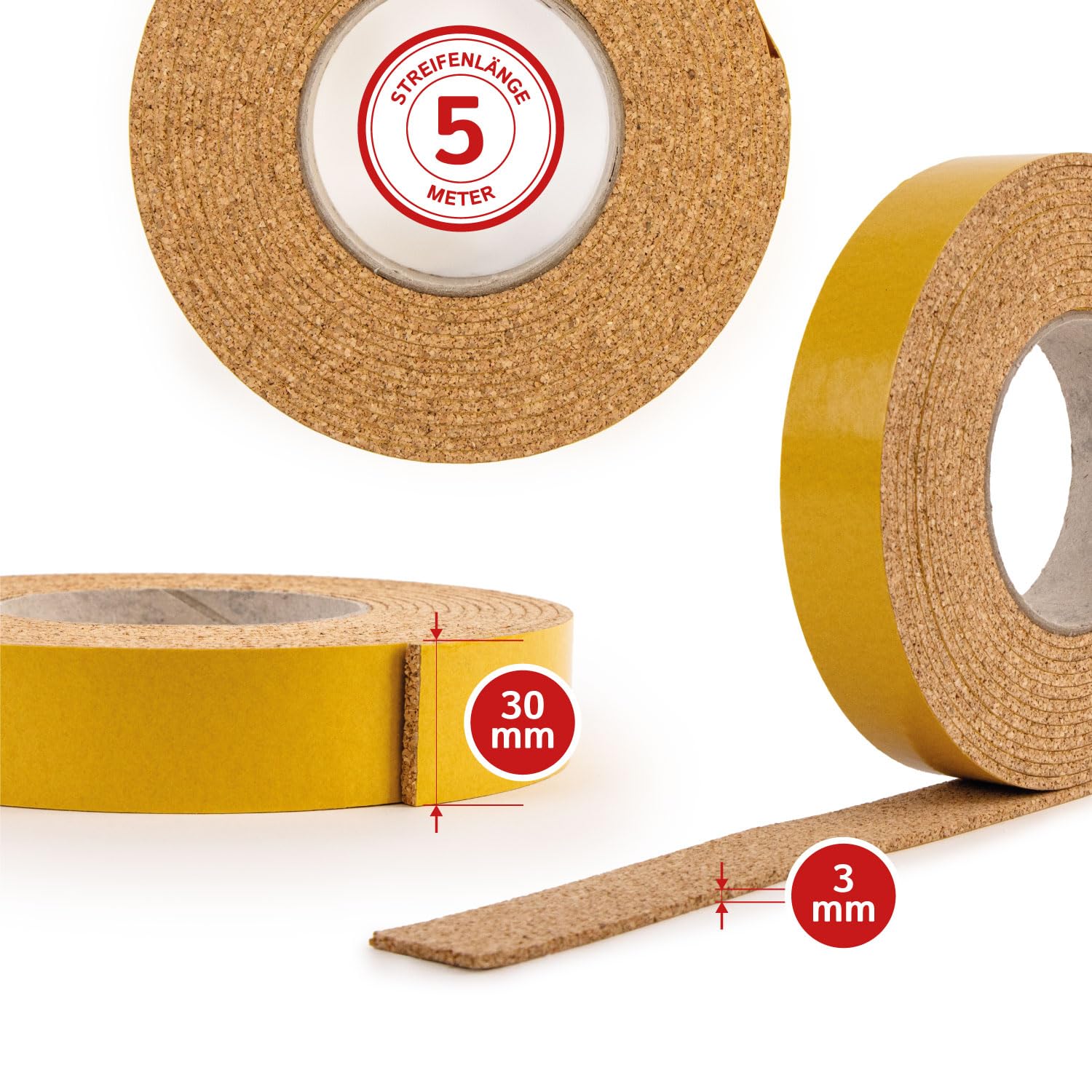 The Felt Store Korkstreifen selbstklebend 5 m x 30 mm x 3 mm – zuschneidbares Korkband für Dehnungsfugen, Hutverkleinerung & Abdichtung – Hochwertiger Kork Made in Germany