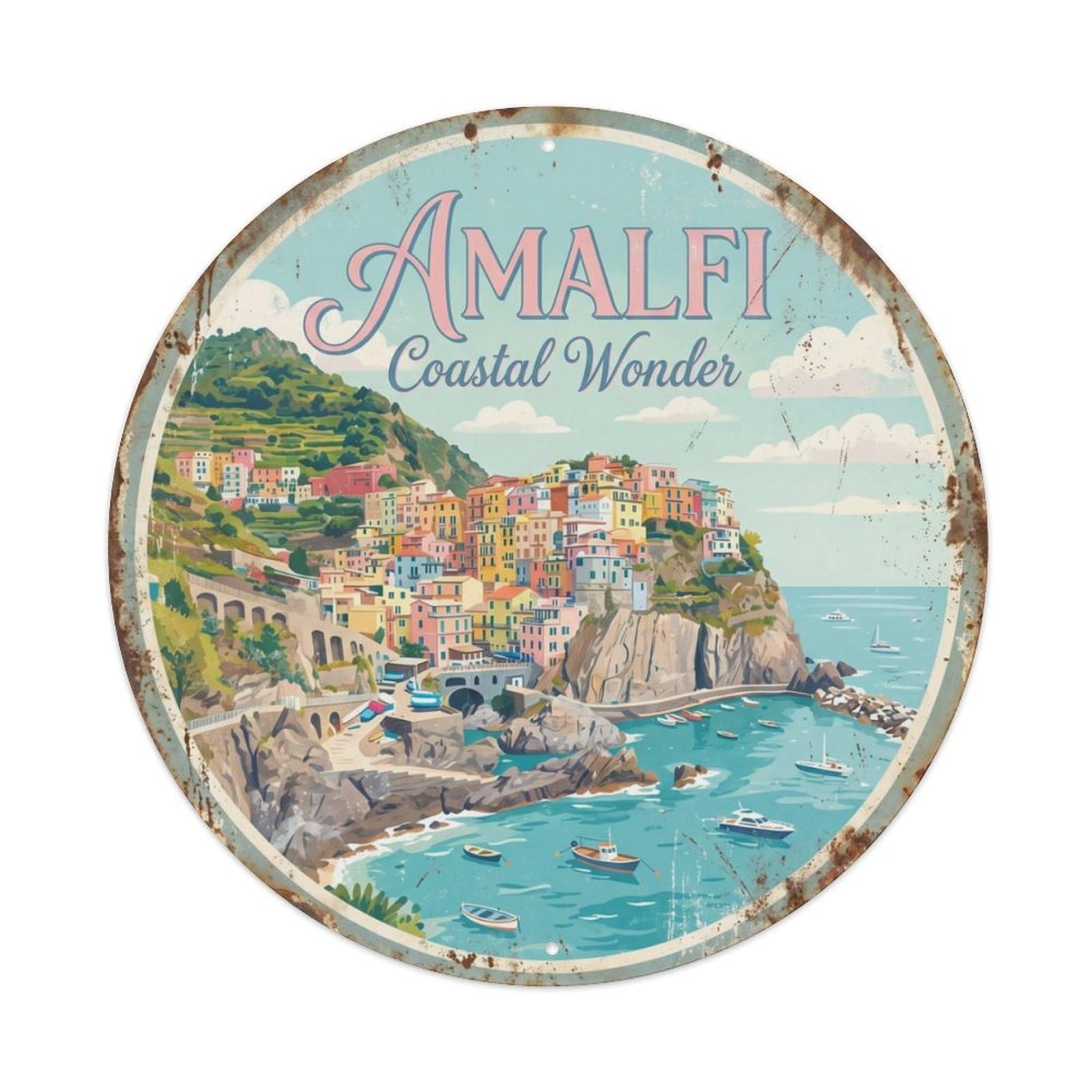 Vintage Travel Amalfi Cliffside Italy Metal Tin Sign Plaque Wall Decor for Cafe, Club, Garden Round Metal Poster 8x8Inch