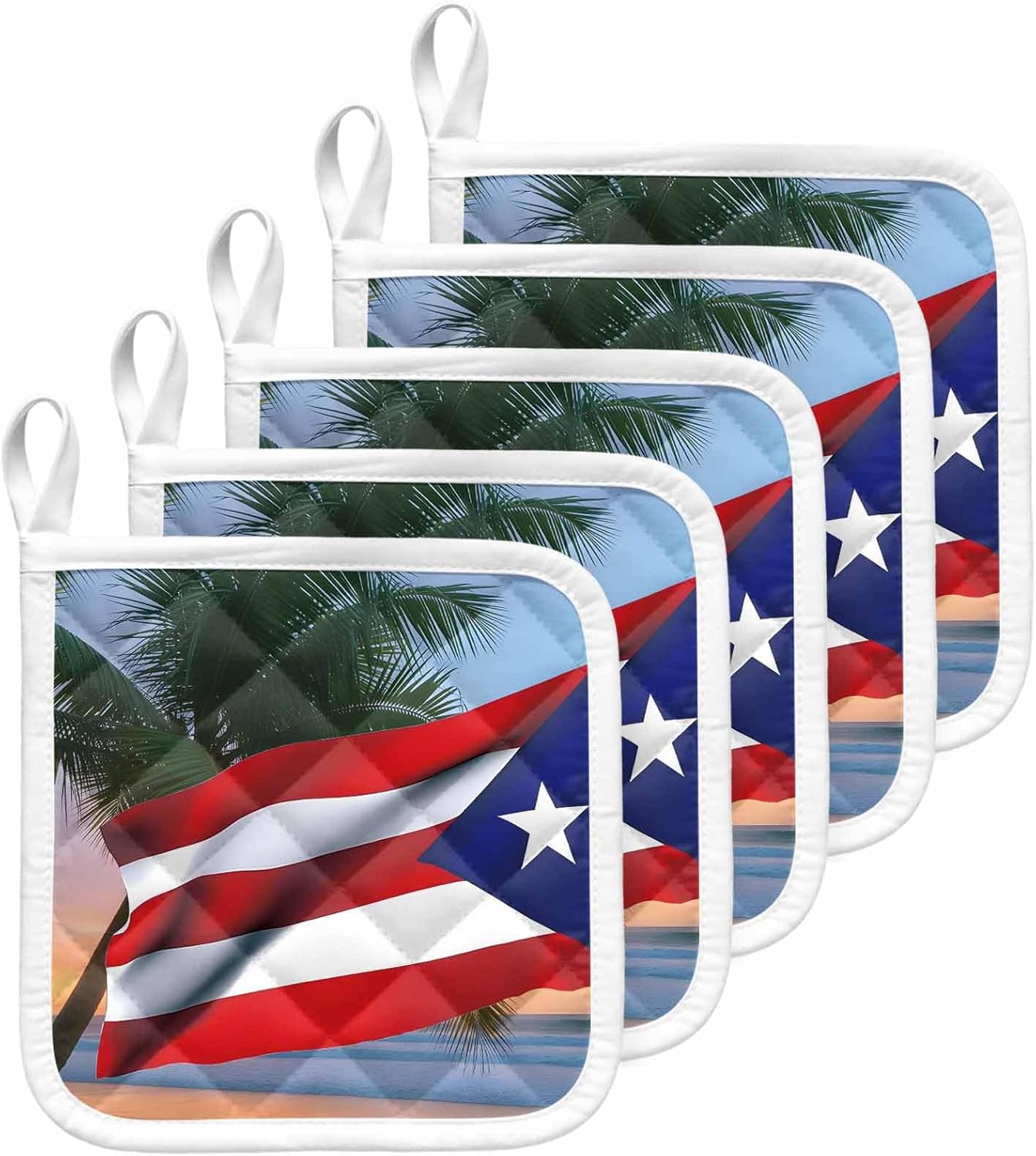 5 Pack Pot Holders for Kitchen, USA Flag Hot Pads for Kitchen Countertops Oven Pot Holder Bulk, Vintage Puerto Rico Sandy Palm Tree Ocean Heat Insulation Potholders with Hanging Loops
