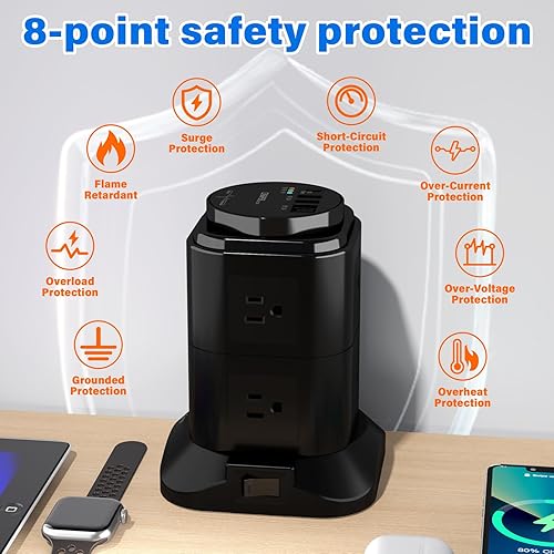 Miniatura 7 de cable de extensión con temporizador USB, 8 salidas de CA con 4 puertos USB (2 USB C), protector de sobretensiones 1200J de 6.56 pies, cable de