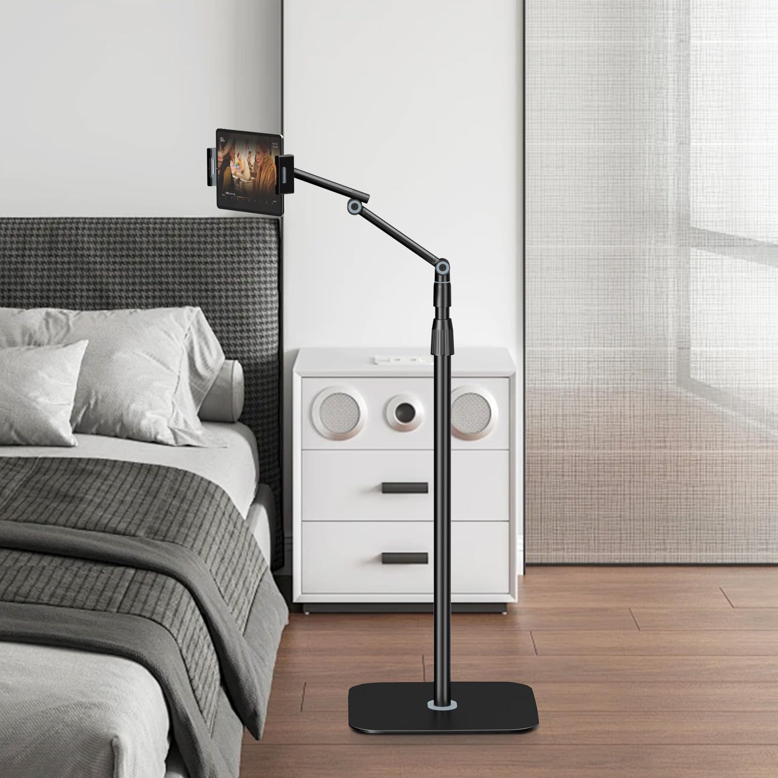 Soporte de suelo para tablet – Soporte universal para tablet con base resistente para teléfono móvil de 4,7 – 12,9 pulgadas, altura ajustable y giratorio 360 grados