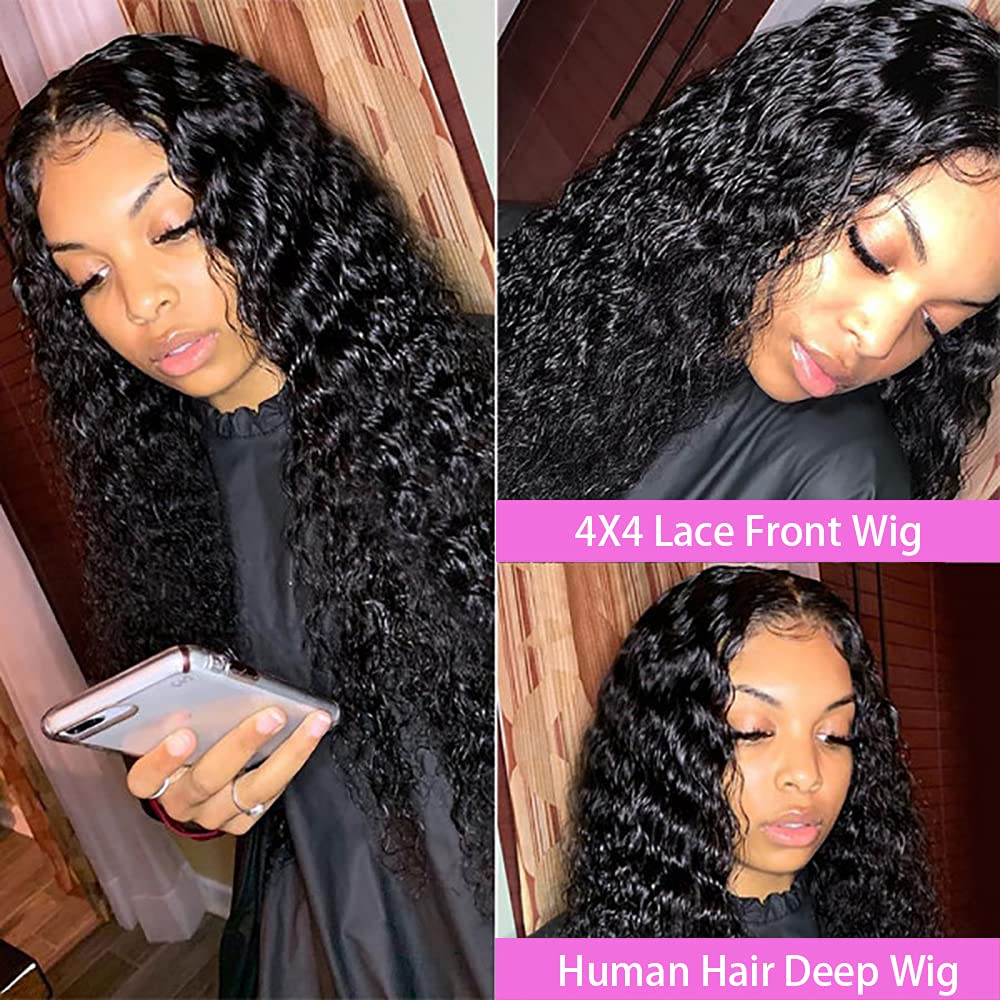 Fuduete Deep Wave 4x4 Lace Front Wigs Human Hair 10A Grade Brazilian Deep Curly Human Hair Wigs for Black Women 150% Density Pre Plucked With Baby Hair Natural Color(4x4 Deep Wig, 26Inch)