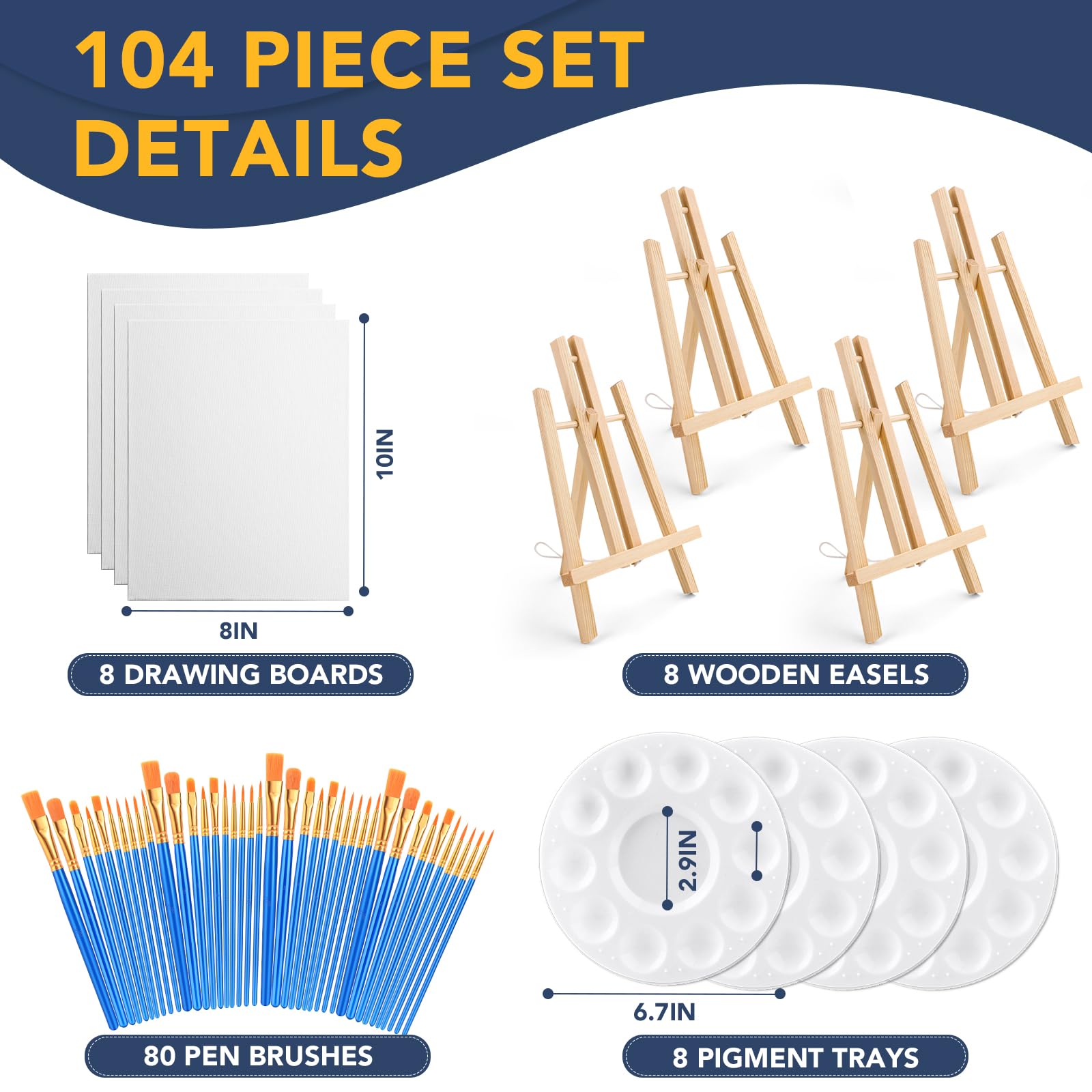 AROIC Set da 104 cavalletti e tela con 8 cavalletti in legno, 80 pennelli, 8 tele e 8 tavolozze, set da pittura, cavalletto da tavolo, cavalletto artistico, forniture per pittura per bambini e adulti