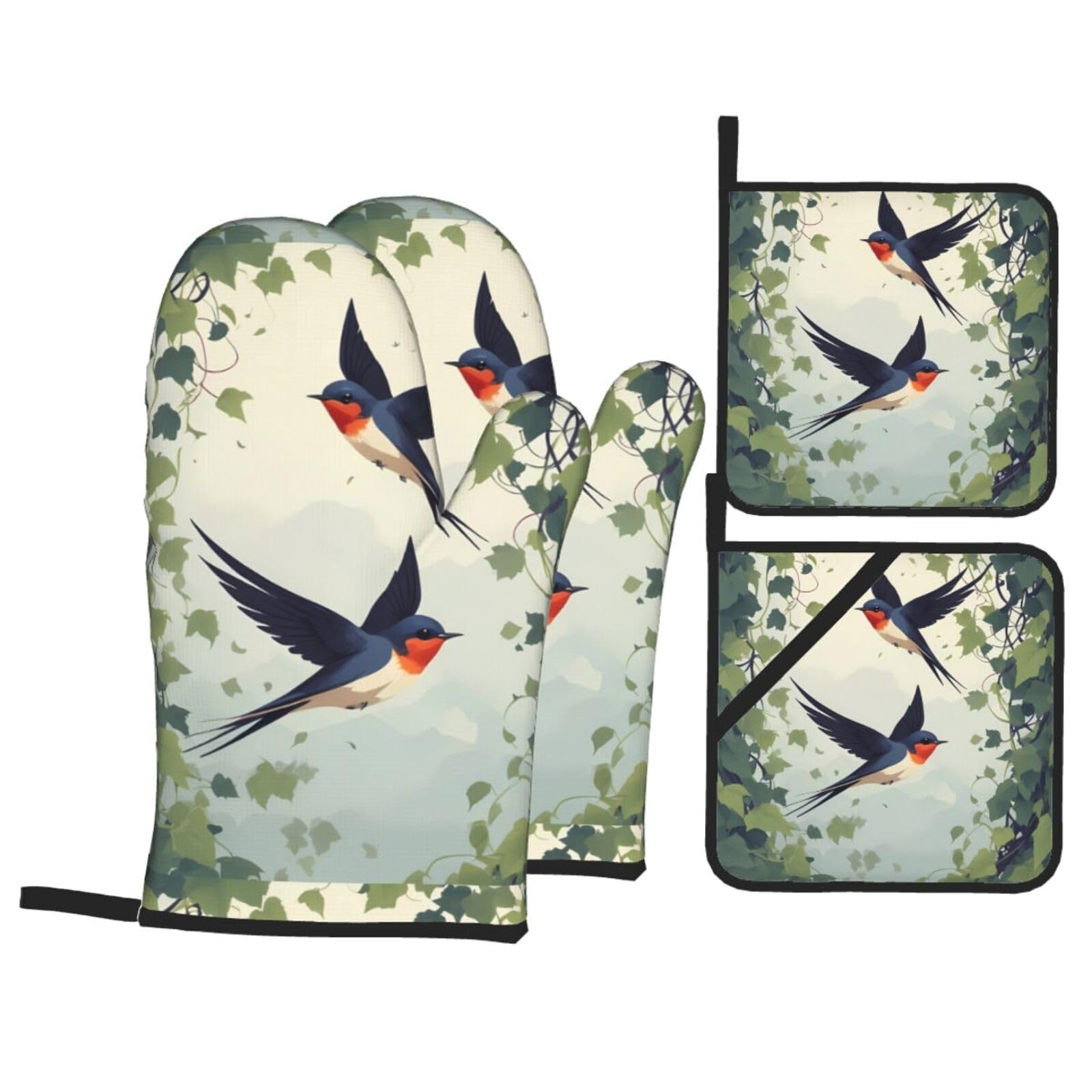 HJFCZH Swallows On The Vines Picture Kitchen Baking Set of 4 Thick Insulated Oven Mitt & Pot Holders, Anti-Scalding for Microwave, Oven, Outdoor BBQ