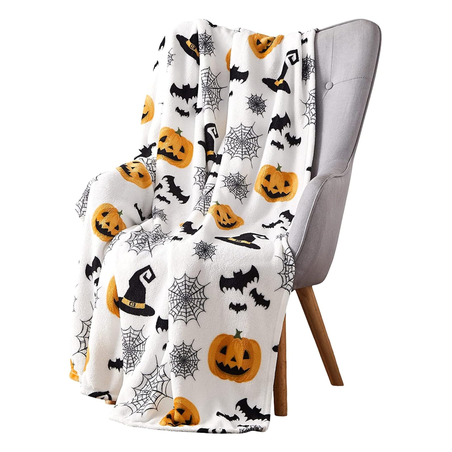Goutdori Halloween Throw Blanket 51.18x59.06in, Soft Fleece Spider Webs Witch Hat Bats Pumpkins Print Sofa Blanket for Home Decor