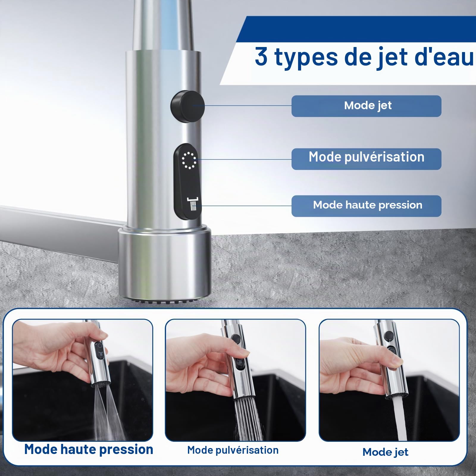 Robinet Cuisine Mural avec Interface 3/4 pour Lave-vaisselle, Argent | 3 Jets d'eau Mitigeur Evier Cuisine, Rotation à 360°, Mitigeur Cuisine Flexible (Hauteur totale 385mm)
