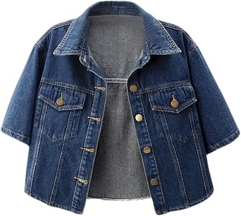 Denim Jacket for Women Cropped Jean Jackets Short Sleeve Button Down Versatile Coat Distressed Crop Trucker Jacket