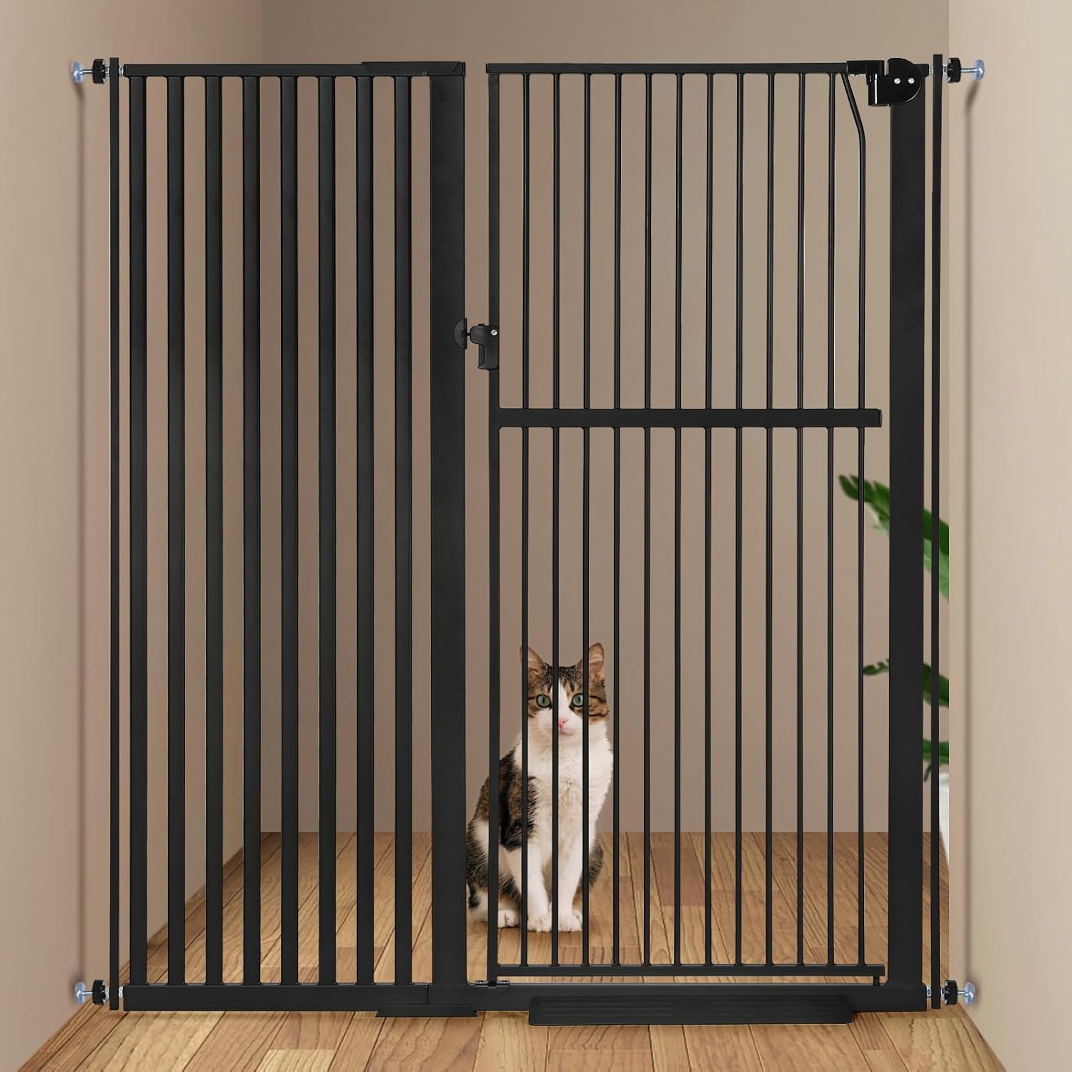 59” Extra Tall Pet Gate, Durable Metal Cat Gate with Double Safety Lock & Walk Thru Door - Self Closing/Stay Open/Open Both Ways, Pressure Mounted Dog Gate for Indoor Stairs, Doorways, Hallways Black 45.2"-49.2" Wide / 115-125cm
