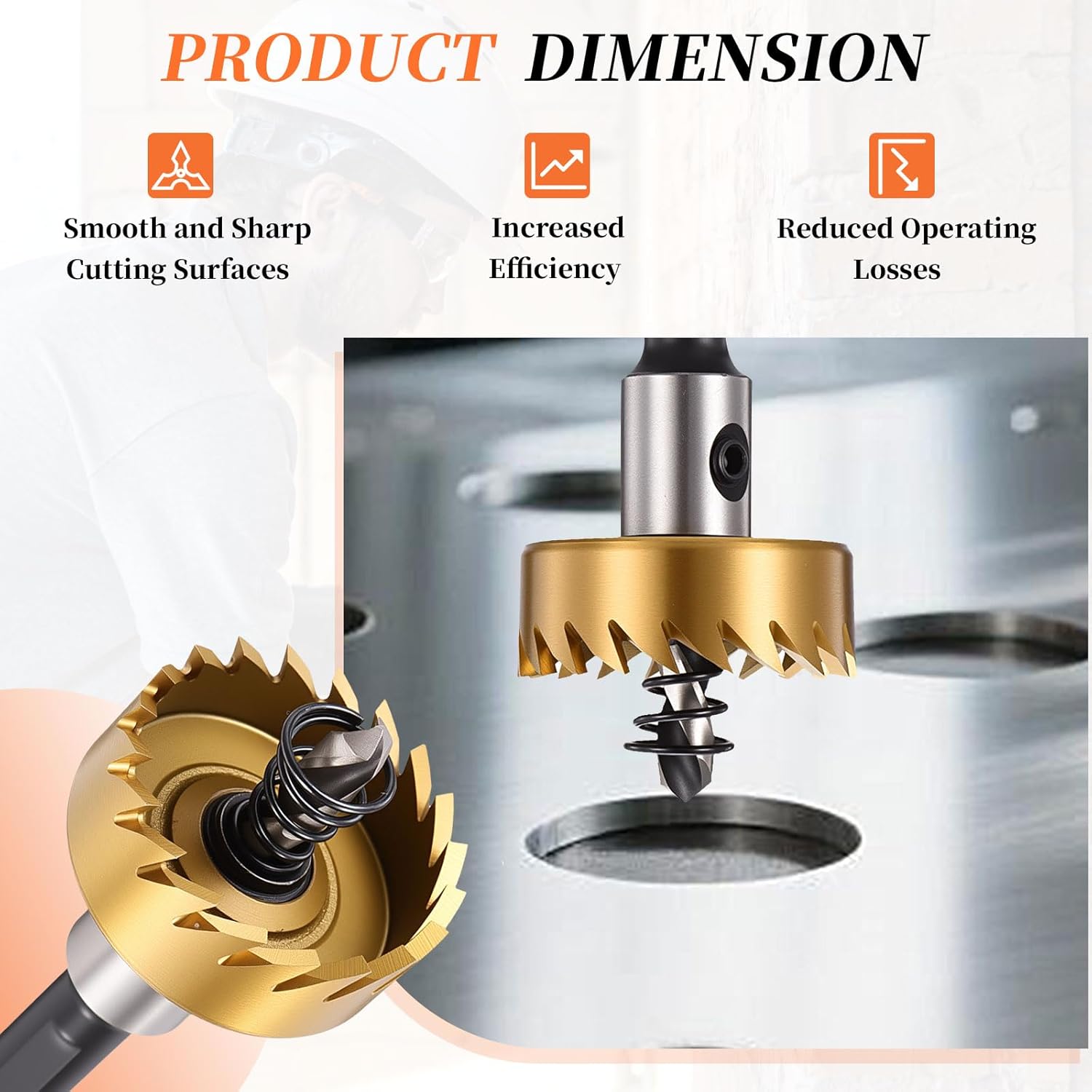 METALLIXITY Hole Saw 25.5mm (1"), M35 High Speed Steel Hole Cutter with Center Drill Bit, Hex Key and Spring - for Thin Stainless Steel Metal Plates. Gold