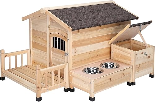 Miniatura 1 de Taivoze Casa de madera para perros perrera con cuencos de alimentación refugio para mascotas con techo de asfalto resistente a la intemperie y al