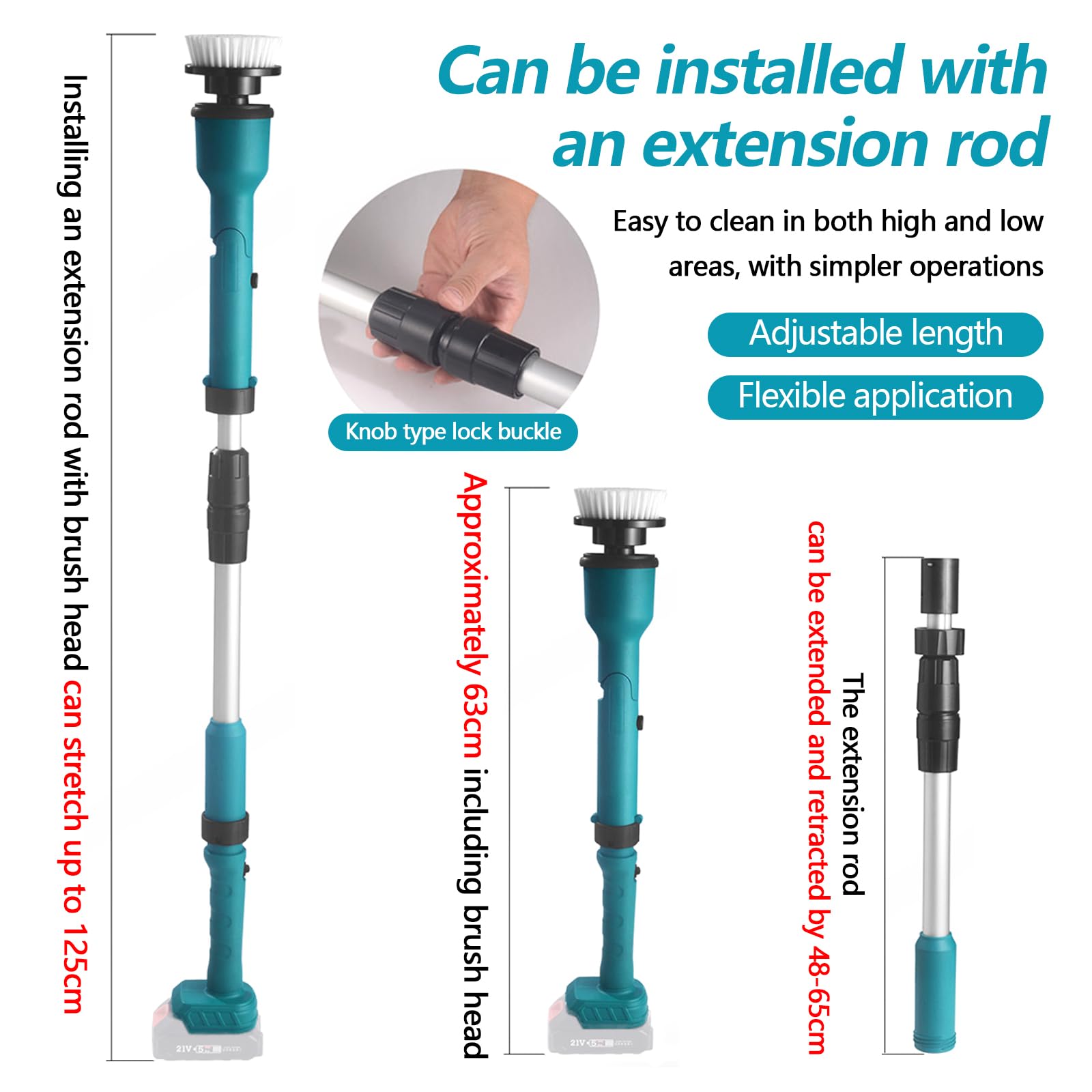 Brosse De Nettoyage électrique, épurateur à Batterie pour Batterie pour Makita 18V Comprenant 8 Têtes Brosse Nettoyage Brosse Nettoyage Extensible 63 à 125 Cm Equipée d'une Rallonge 2 Niveaux Vitesse