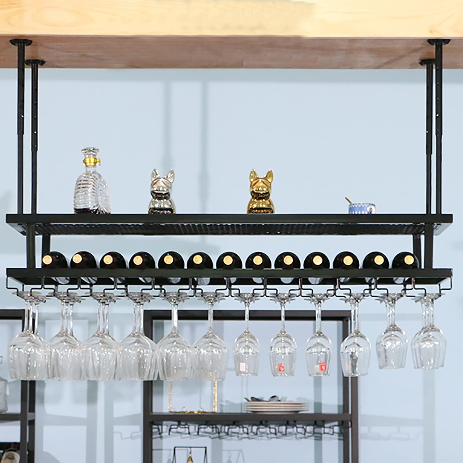 Casier à bouteilles de vin réglable en métal avec étagère suspendue et porte-verre