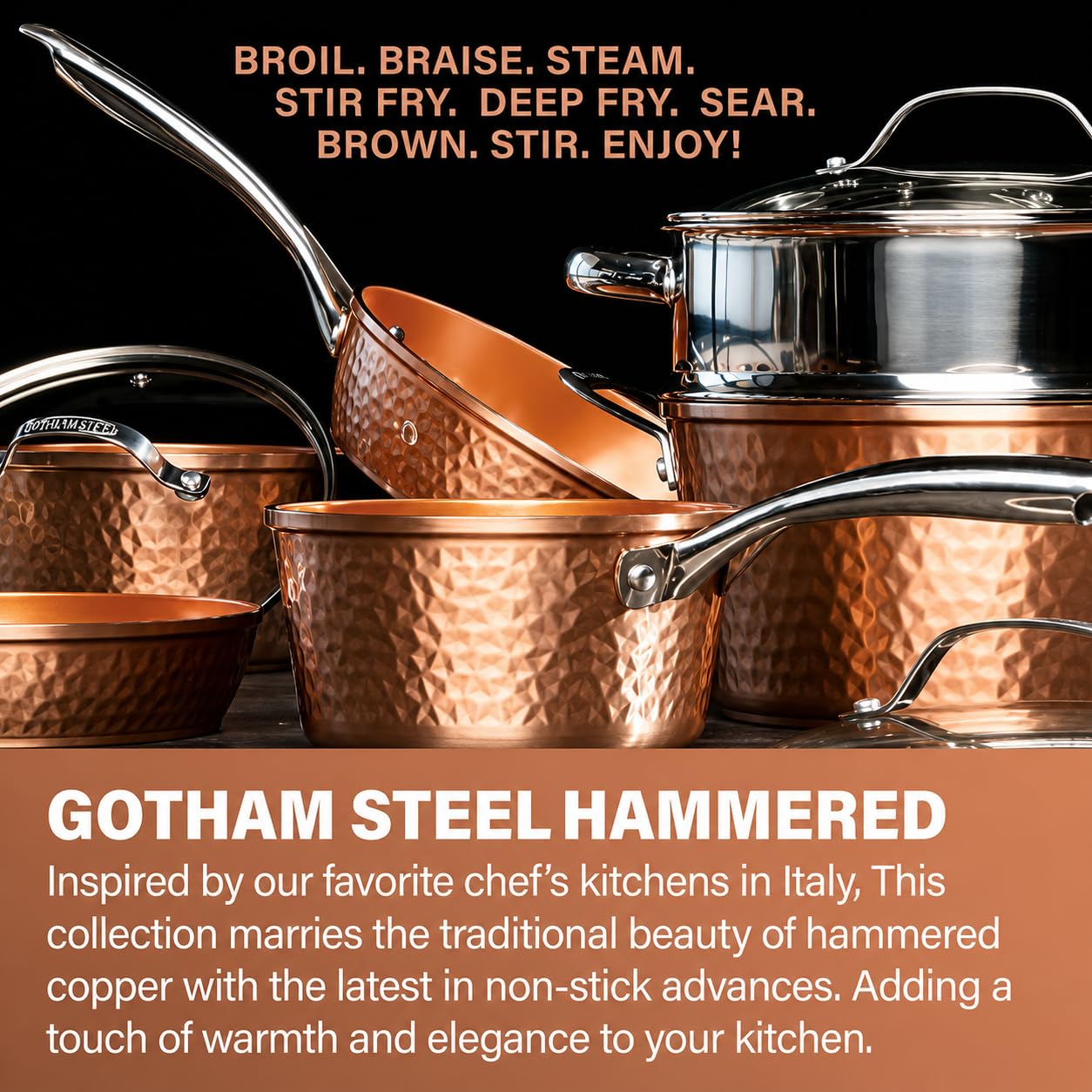 GOTHAM STEEL HAMMERED 15 Pc Titanium Ceramic Cookware Set, Copper — Amazon image 3