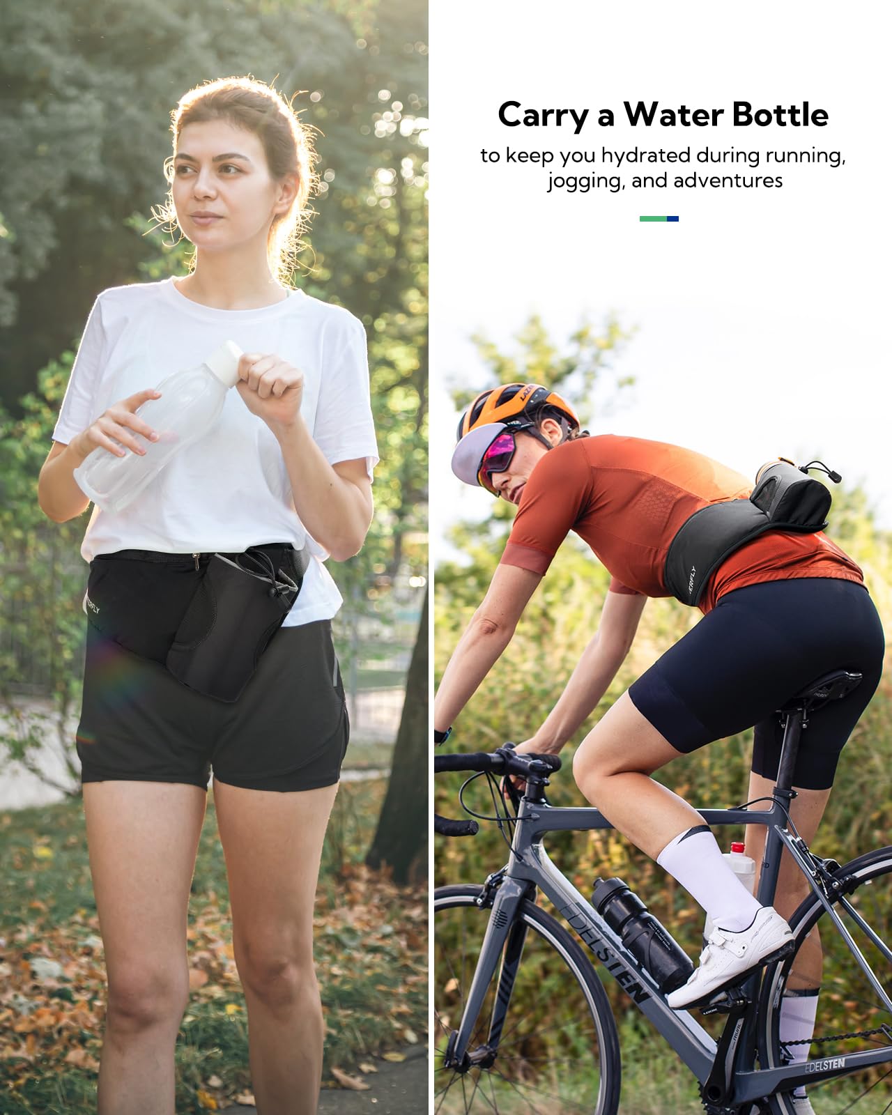 WATERFLY Ceinture pour bouteille d'eau de course : sac banane d'hydratation pour homme et femme avec porte-bouteille pour coureurs, marche, randonnée, jogging, noir, Medium, Support stable pour