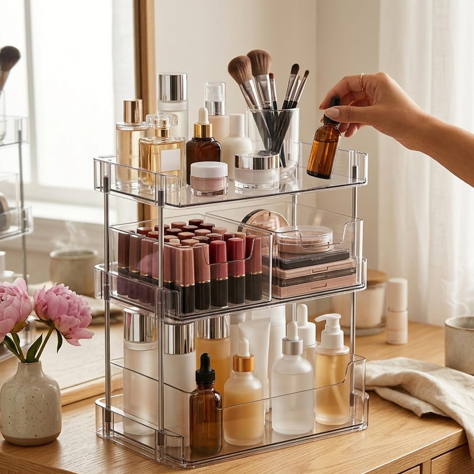 JessLab Organizador de Maquillaje Transparente, 3 Niveles con Cajones Extraíbles, Estante Grande para Cosméticos para Botellas Altas, Perfume, Labial, Encimera de Baño