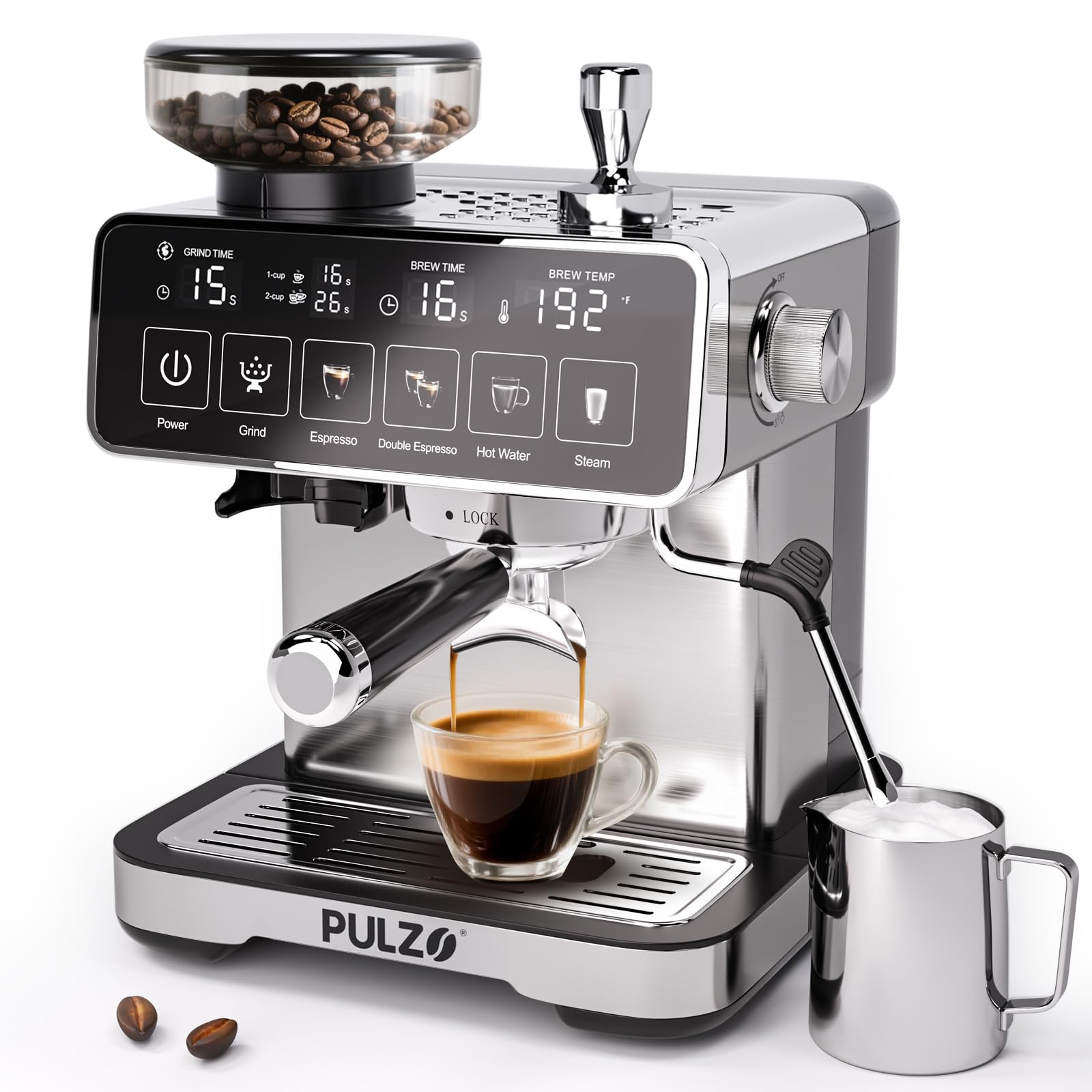 PULZO Espresso Machine with Grinder 20 Bar Professional Coffee Machine with Milk Frother Steam Wand All-in-One Stainless Steel
