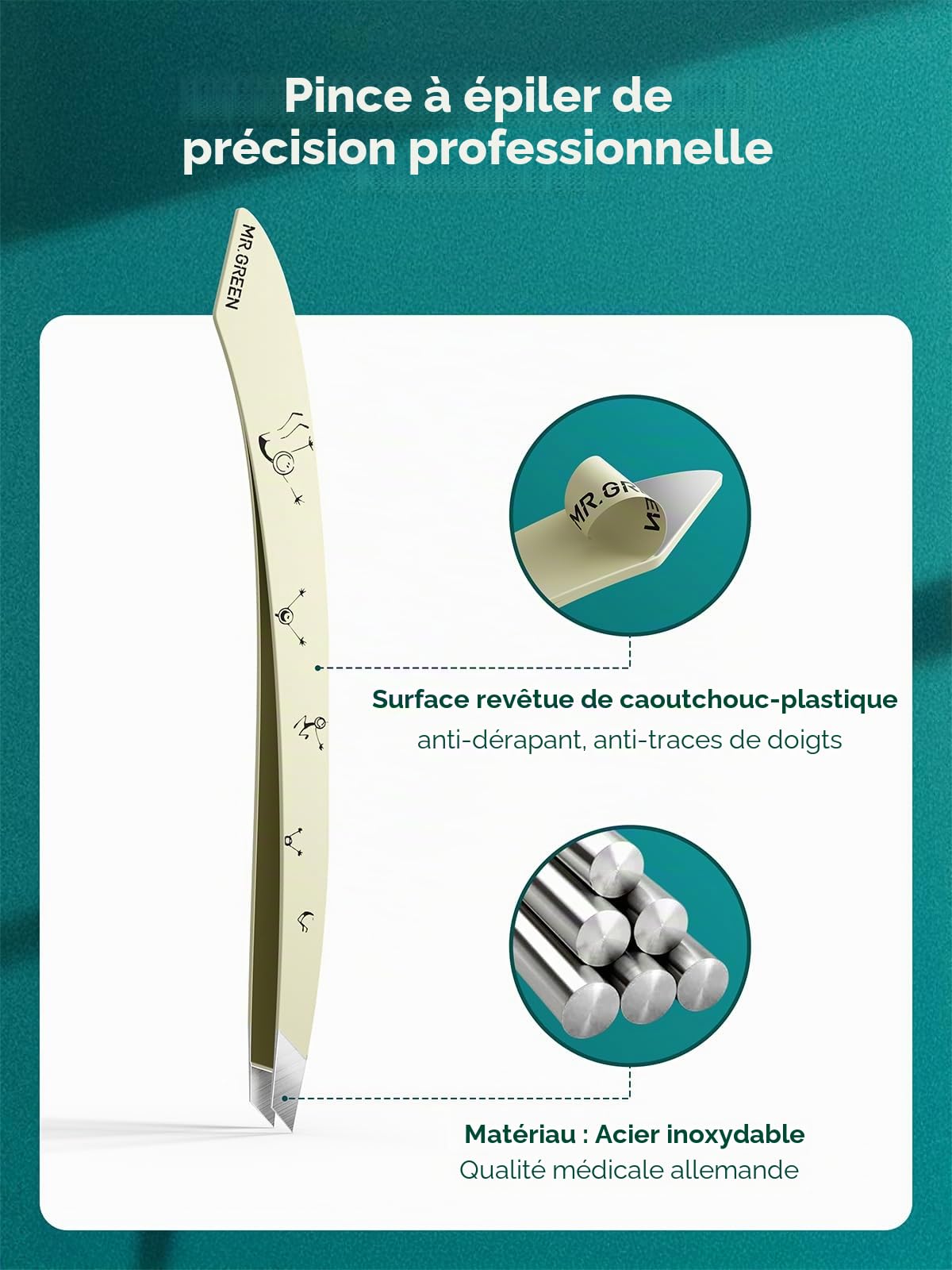 MR.GREEN Pince à épiler pour sourcils et poils du visage, pince à épiler professionnelle en acier inoxydable pour femmes et hommes, pince à épiler inclinée mignonne pour une épilation facile
