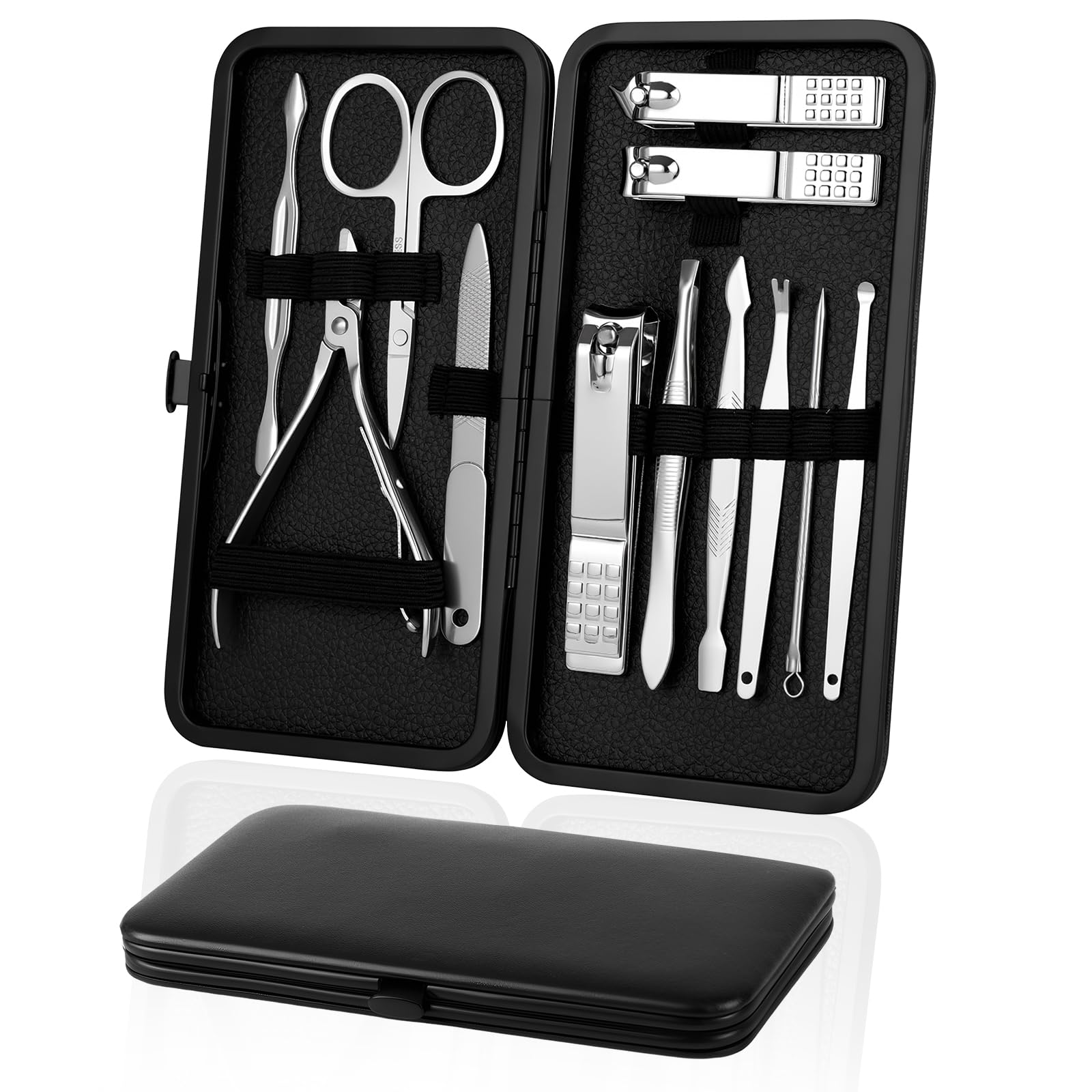 AYBUY Maniküre Set, Pediküre Nagelknipser, Edelstahl Pflege Werkzeuge Mit PU Ledertasche, Professionelle Rundum Hand Fußpflege Kit für Damen & Herren (Schwarz)
