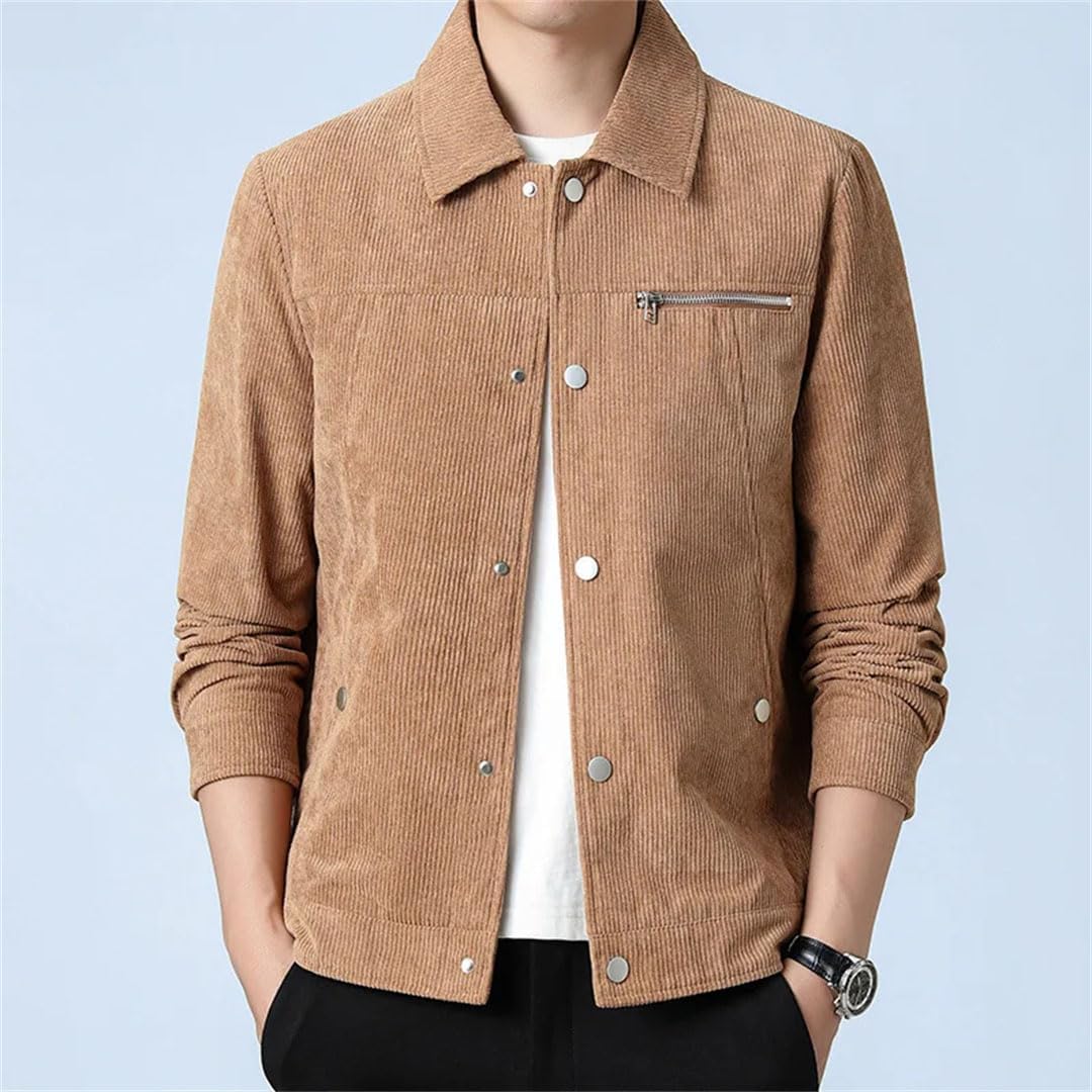 Men Solid Color Corduroy Casual Outerwear Turn Down Collar Slim Bomber Coat Zippers Jackets
