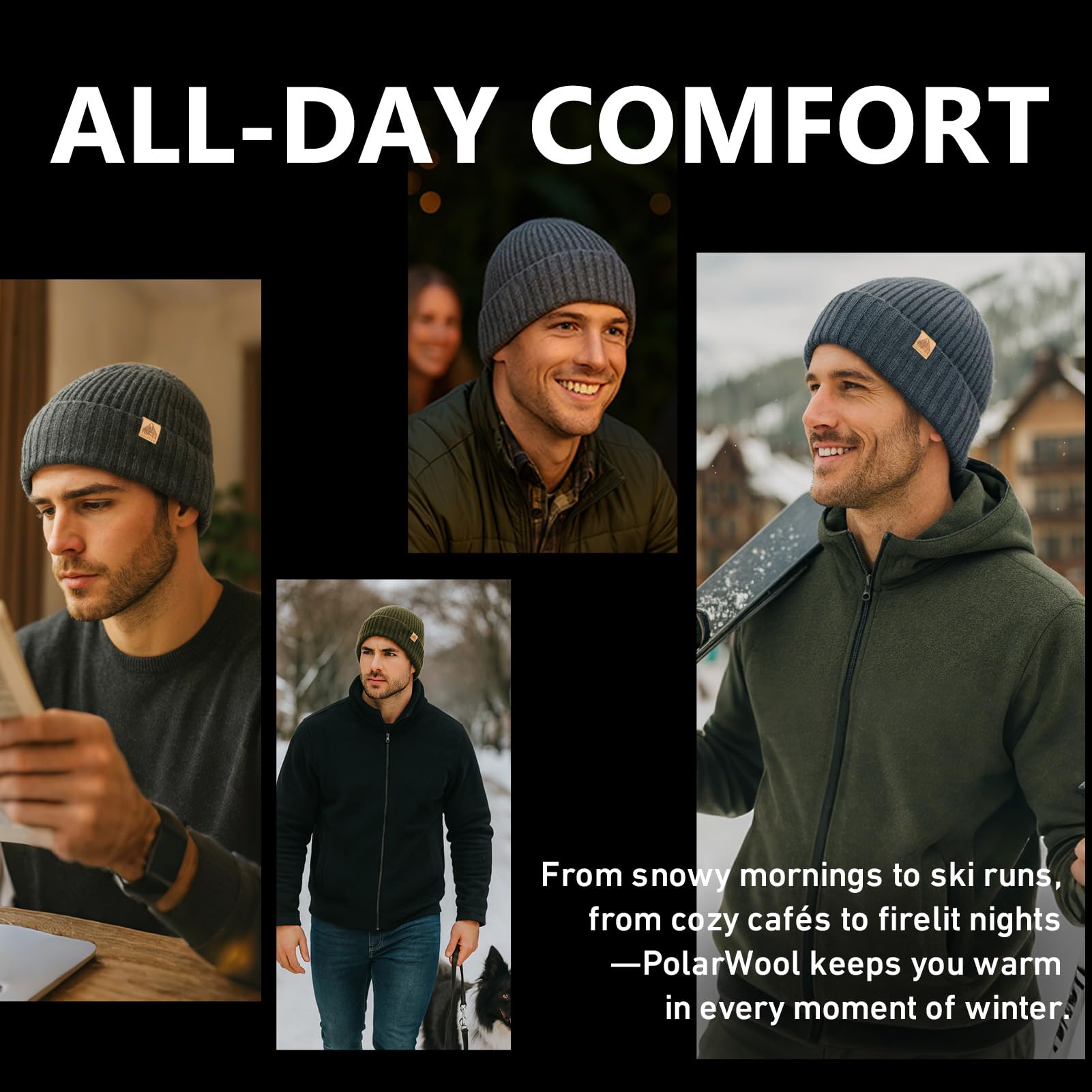 TOP-EX PolarWool Merinowollmütze für Herren, warme Wintermütze mit Fleecefutter, Thermo-Mütze für Herren, mit Bündchen, weiche Wollmütze für kaltes Wetter, Wandern, Arbeit, Geschenke