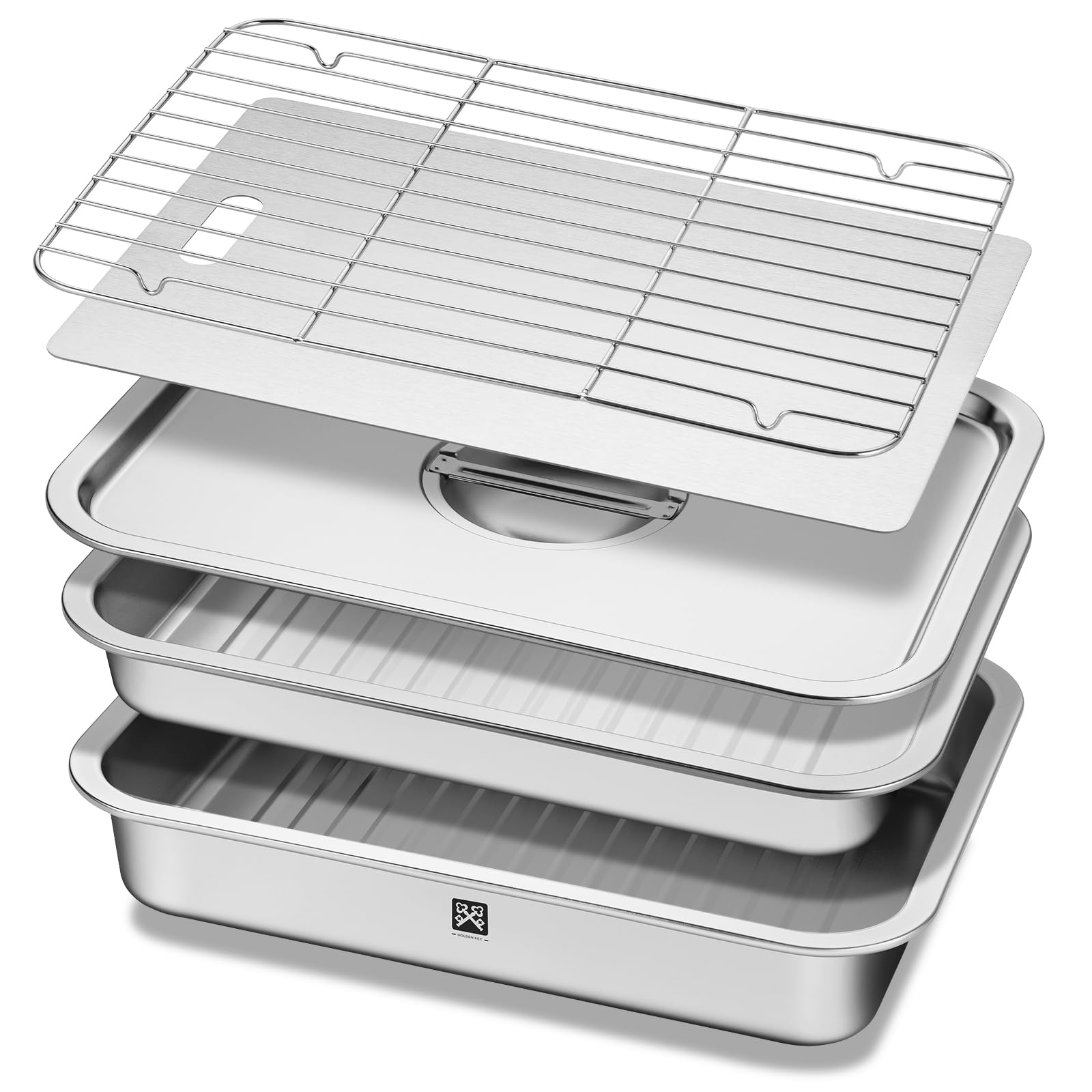 Edelstahl Grill Servierplatte mit Deckel 5-teiliges Set Vorbereitungsschale Marinierplatte Schneidebrett Abtropfgestell BBQ Camping