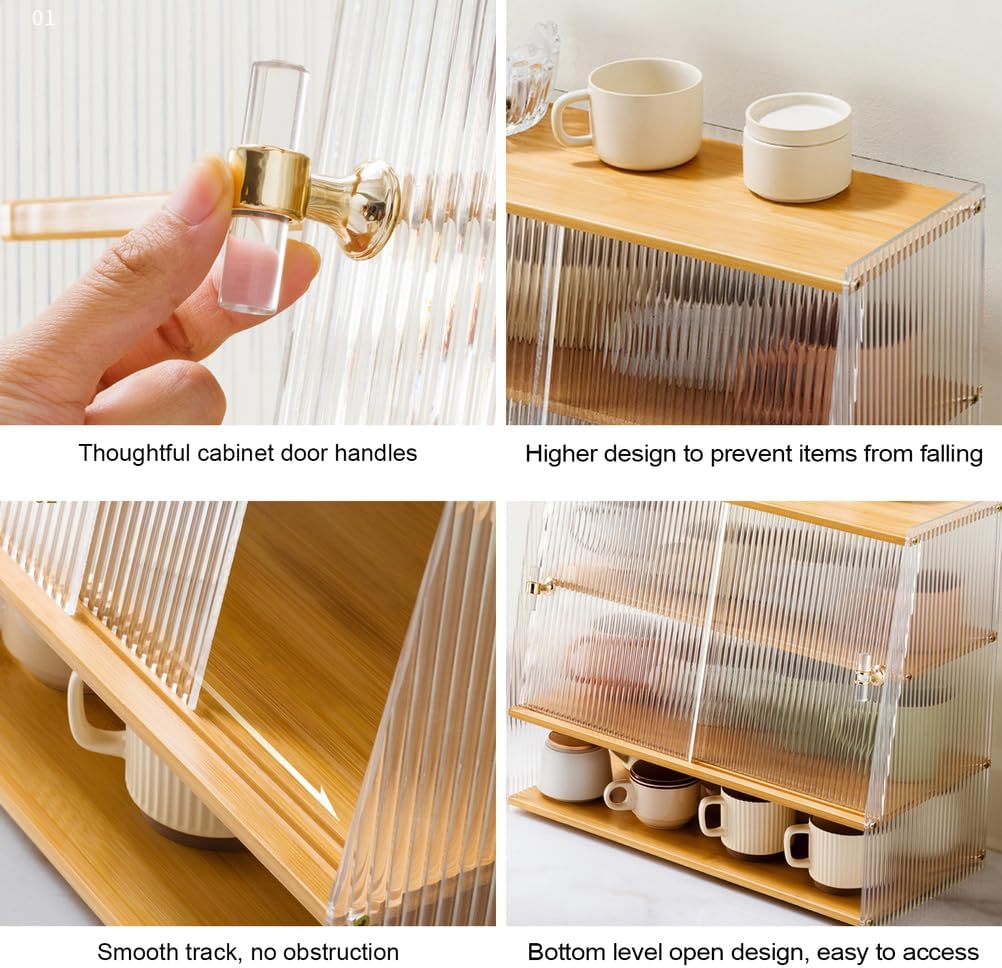 3-Tier Clear Acrylic Organizer, Mug Shelf with Sliding Doors, Display Coffee Cup Holder, Pantry Cabinet for Bowls, Spices, or Bathroom Storage,Brown