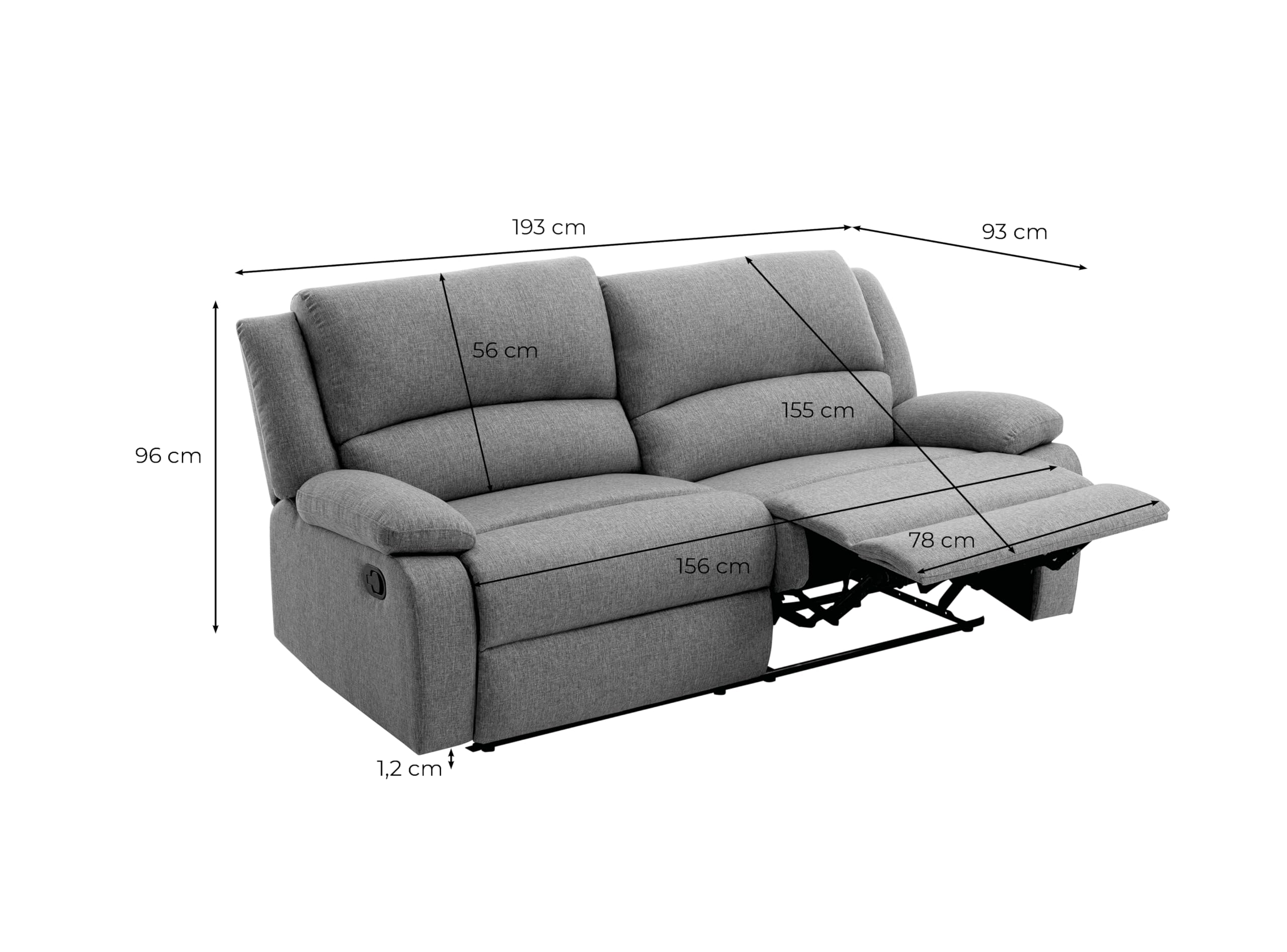 LOUNGITUDE - DETENTE - Canapé de Relaxation - Manuel - 3 Places - Inclinaison réglable - en Tissu - Gris Clair -L193cm