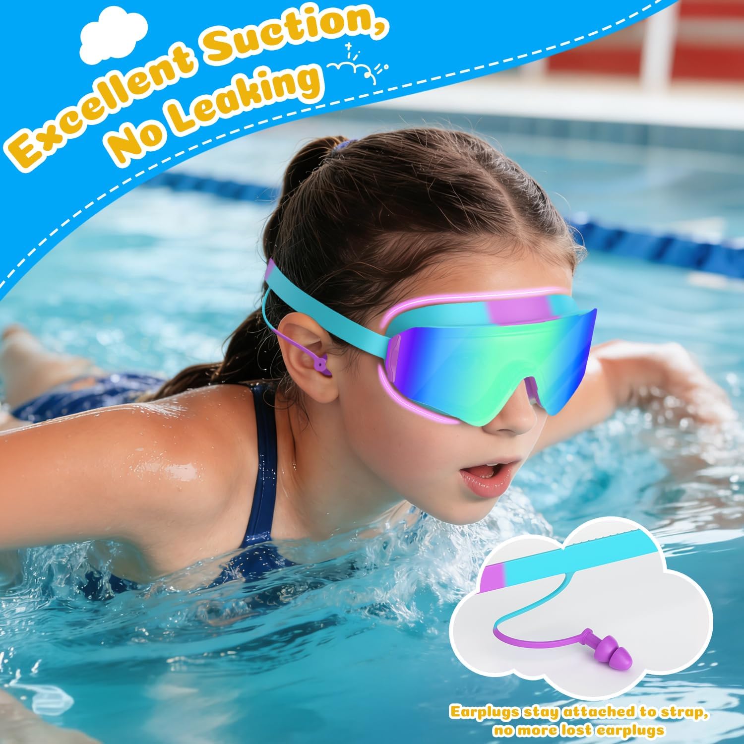 COOLOO 2 Pack Kids Swimming Goggles, Frameless Wide View Kids Goggles, Anti-fog & Anti-UV Goggles kids 4-16 for Girl Boys Youth - Image 5