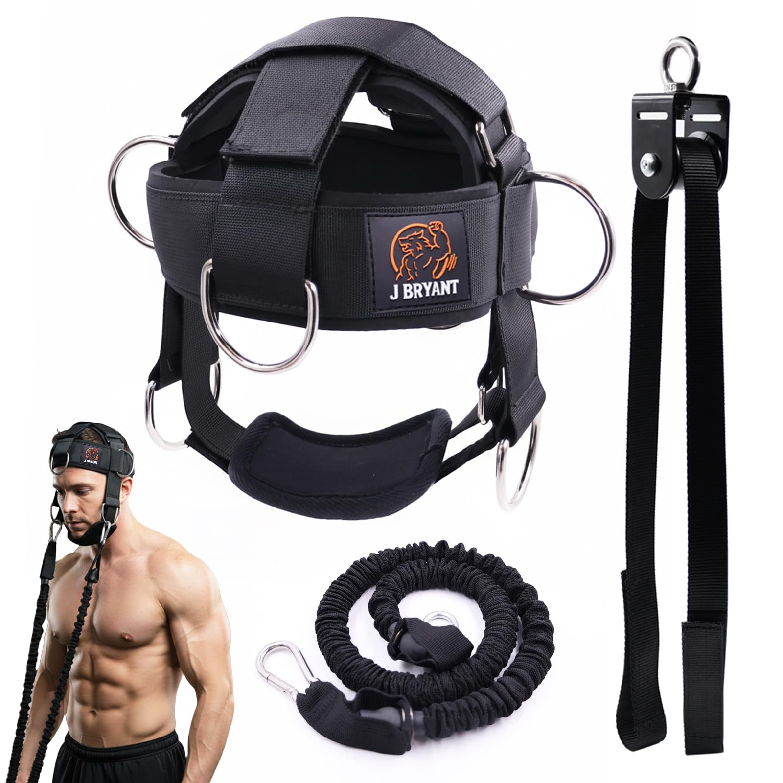 J Bryant Harnais de cou avec système de poulie pour entraînement de résistance – Entraîneur de force du cou à 360° pour salle de sport et entraînement à domicile, harnais de tête réglable avec