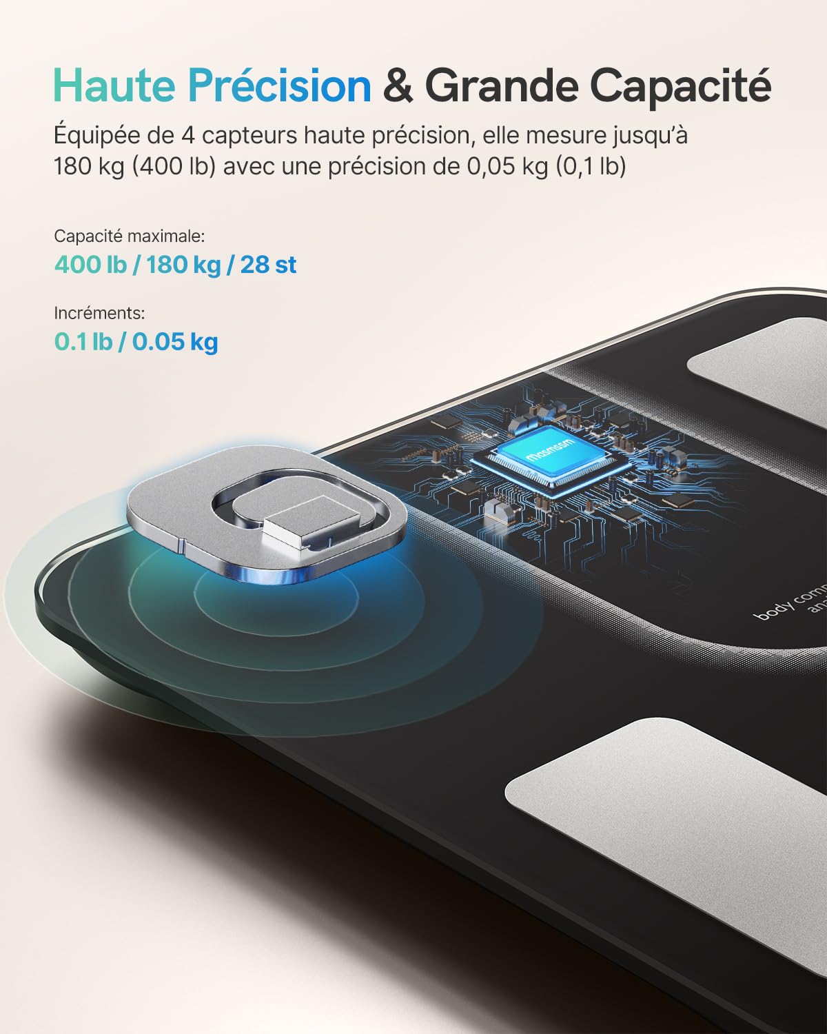 Balance Pèse-Personne, Balance Connectée Impédancemètre 9-en-1 Grand VA Écran, 22 Indicateurs, Fréquence Cardiaque, IMC, Graisse Corporelle Pour iOS & Android, Max. 180kg/ 400lb