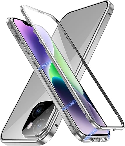 Jonwelsy Funda para iPhone 14, 360 grados frontal y trasera, vidrio templado transparente, protección de cuerpo completo, absorción magnética, marco