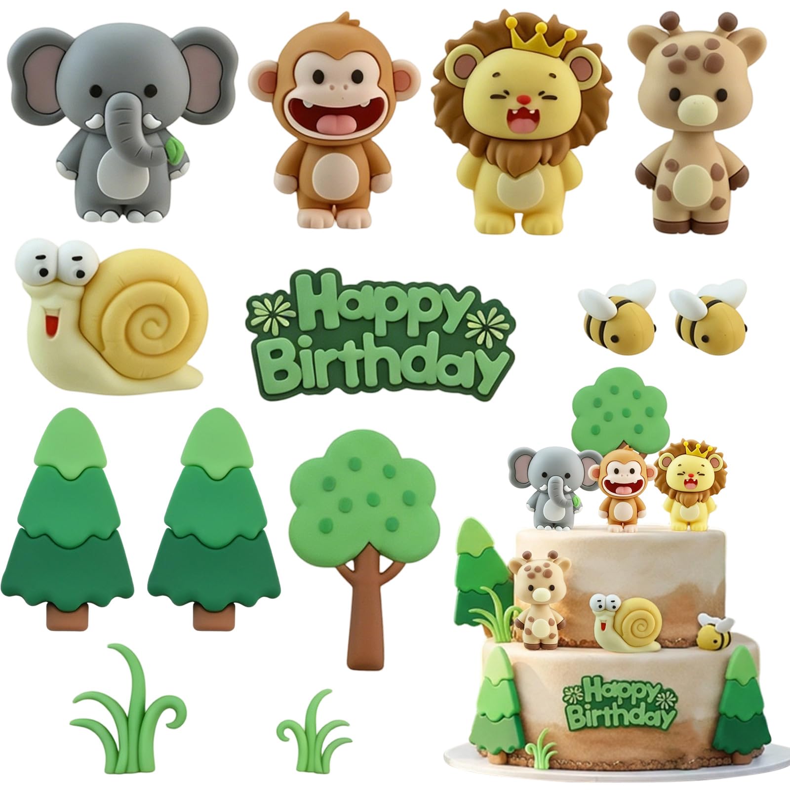 Safari Animal Cake Toppers - Jungle Wild One Cake Decorations Set (13Pcs)