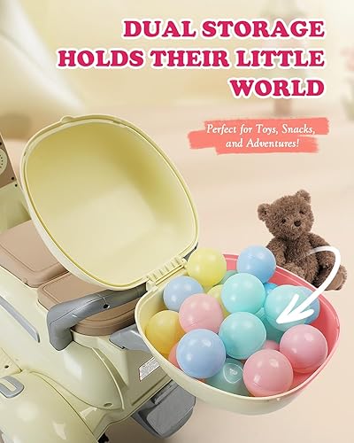 Miniatura 5 de Motocicleta de 12 V y 2 plazas para niños, scooter eléctrico con control remoto, caja de almacenamiento, música, luz LED, bocina, motor de 2 x 50 W,