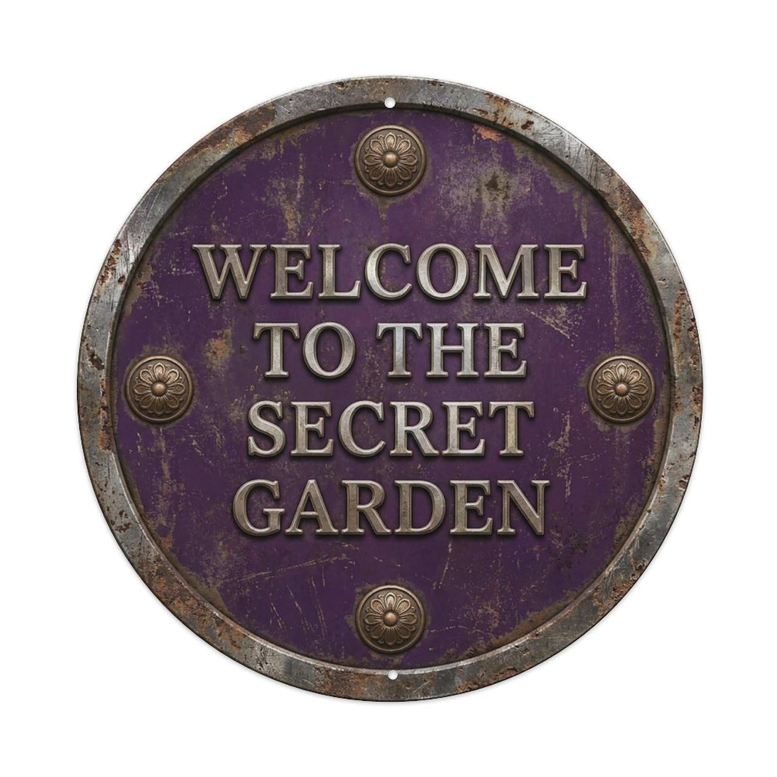 Vintage Welcome Secret Garden Bronze Purple Metal Tin Sign