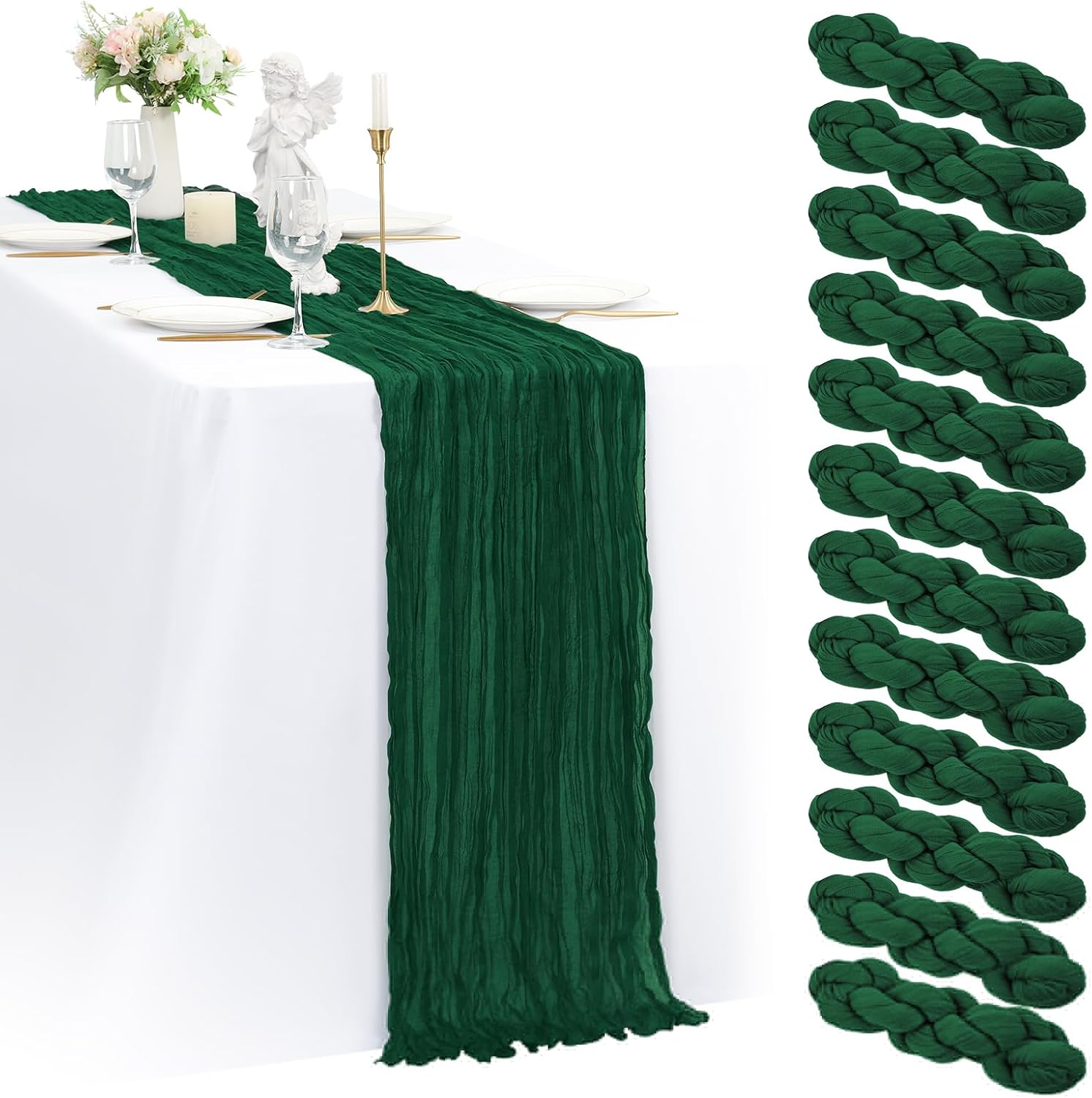 12 Pack 35x120 Inch Cheesecloth Table Runner Emerald Green Gauze Table Runner 10FT