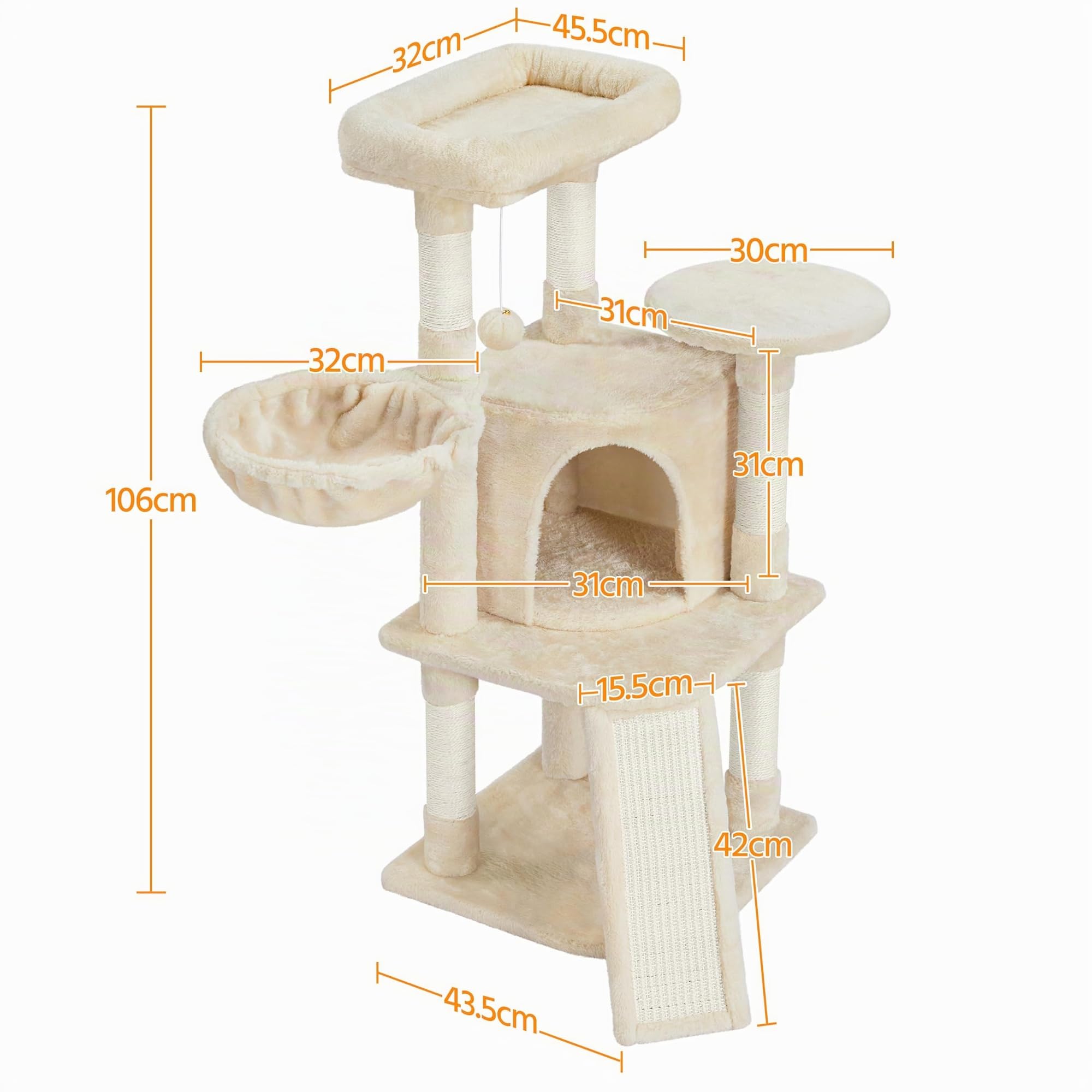 Abician Arbre à Chat Hauteur 107cm Griffoir, Tour de Jeux en Sisal pour Chatons, 3 Plateformes/Panier/Cachette, Multiniveau, Design, Beige