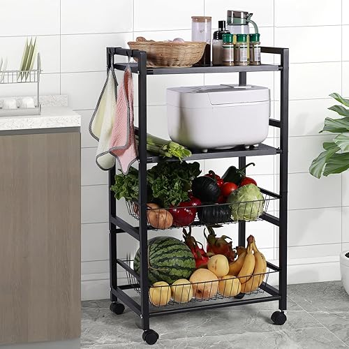 Carrito rodante de 4 niveles, soporte multifunción para microondas, estante de almacenamiento de cocina con ruedas bloqueablescestas de malla