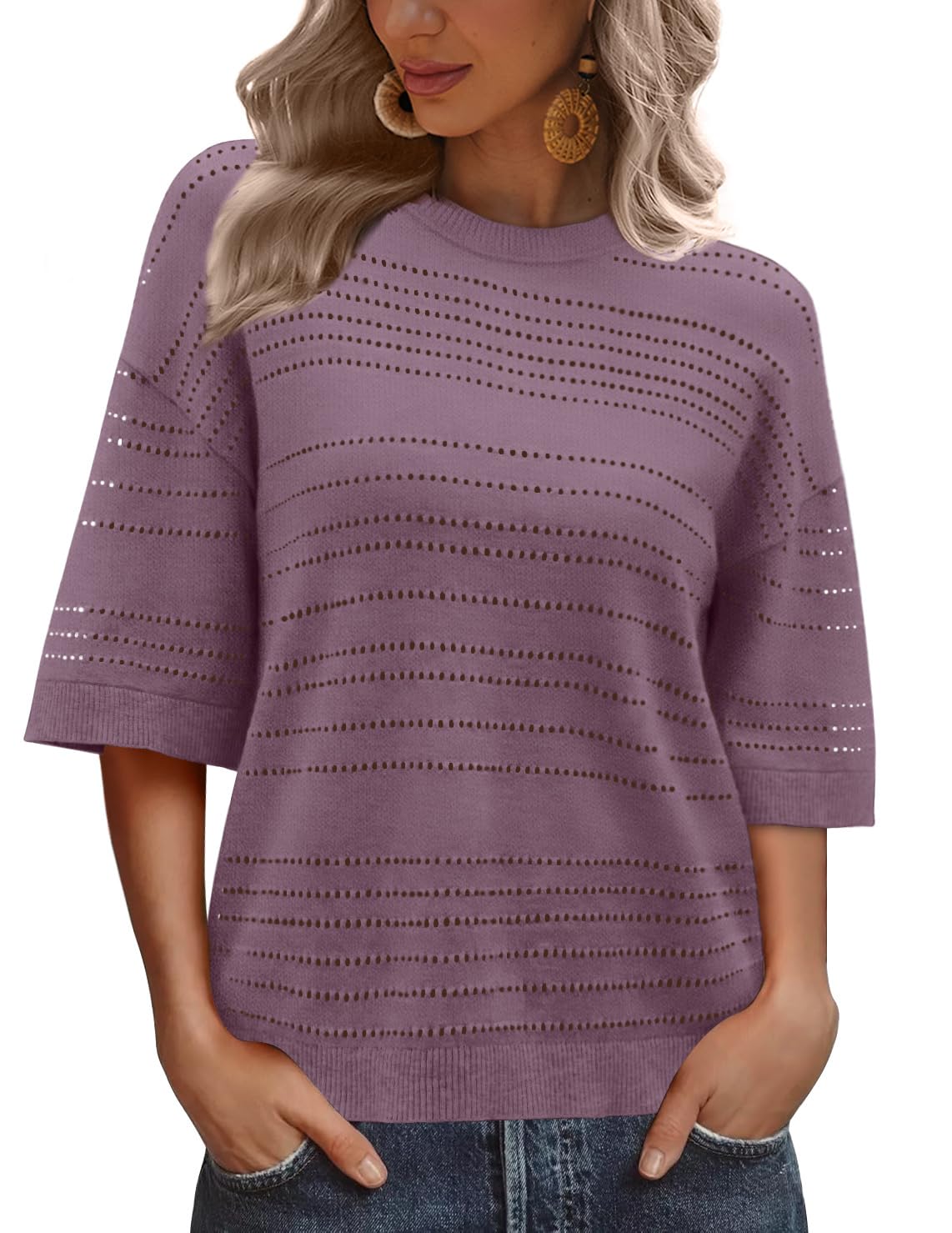XIEERDUO Womens Half Sleeve Sweater Knit Crochet Blouses Tops 2026 Spring Summer Fashion Clothing Outfits