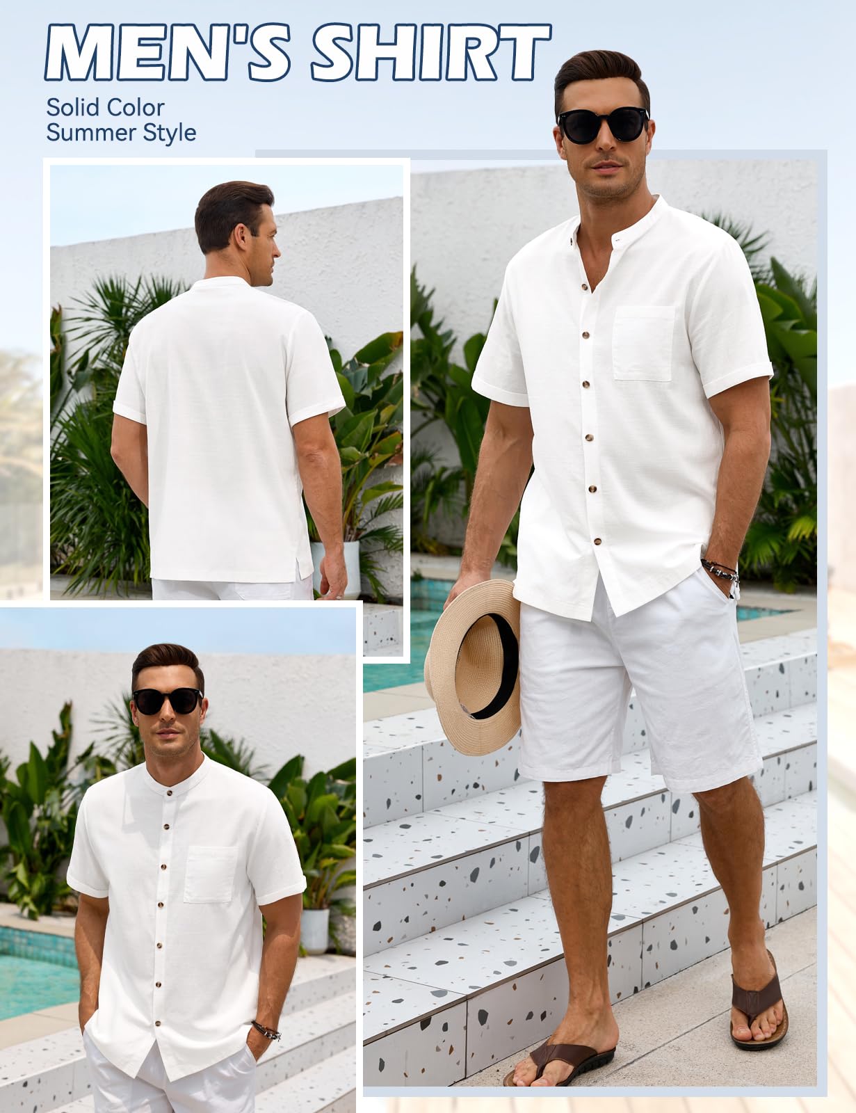 Lonya Camicia Uomo in Cotone e Lino Manica Corta con Bottoni Casual Estiva Regular Fit Henley Shirt in Tinta Unita con Taschino Estiva Beach Spiaggia