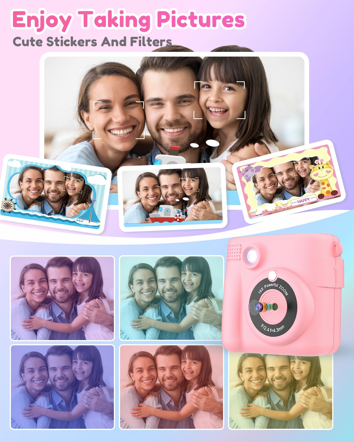 YORKOO Kids Instant Camera with Photo Paper, 1080P HD Digital Camera for Girls, Creative Gift for Children Age 4-10, Video Recorder, 32GB SD Card - Pink — view 4