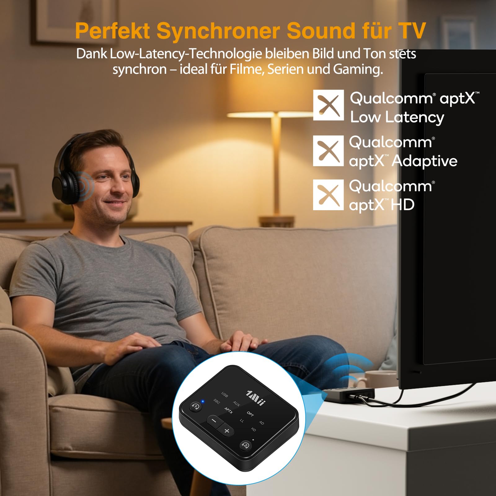 1Mii NightPair Bluetooth 5.3 Transmitter für TV, aptX Low Latency/HD/Adaptive Audio Sender mit Dual Link für 2 Kopfhörer, Optisch/AUX/RCA, bis zu 30 m Reichweite