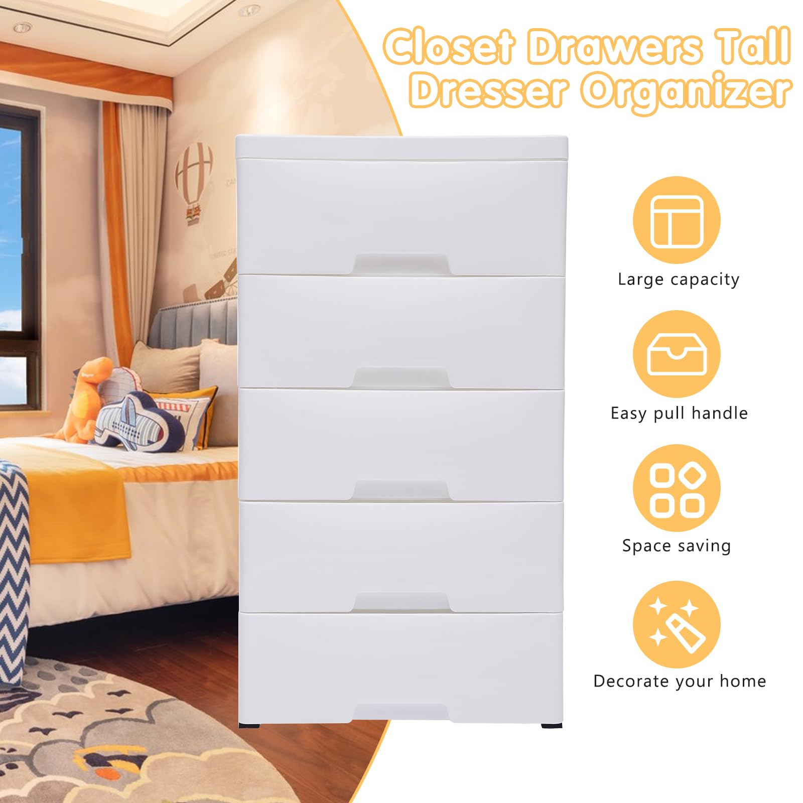 NATICRISI Plastic Drawers Dresser Storage Cabinet,Plastic Drawers Storage with Wheels,5 Drawer Stackable Vertical Clothes Storage Tower for Office,Playroom,Bedroom Furniture