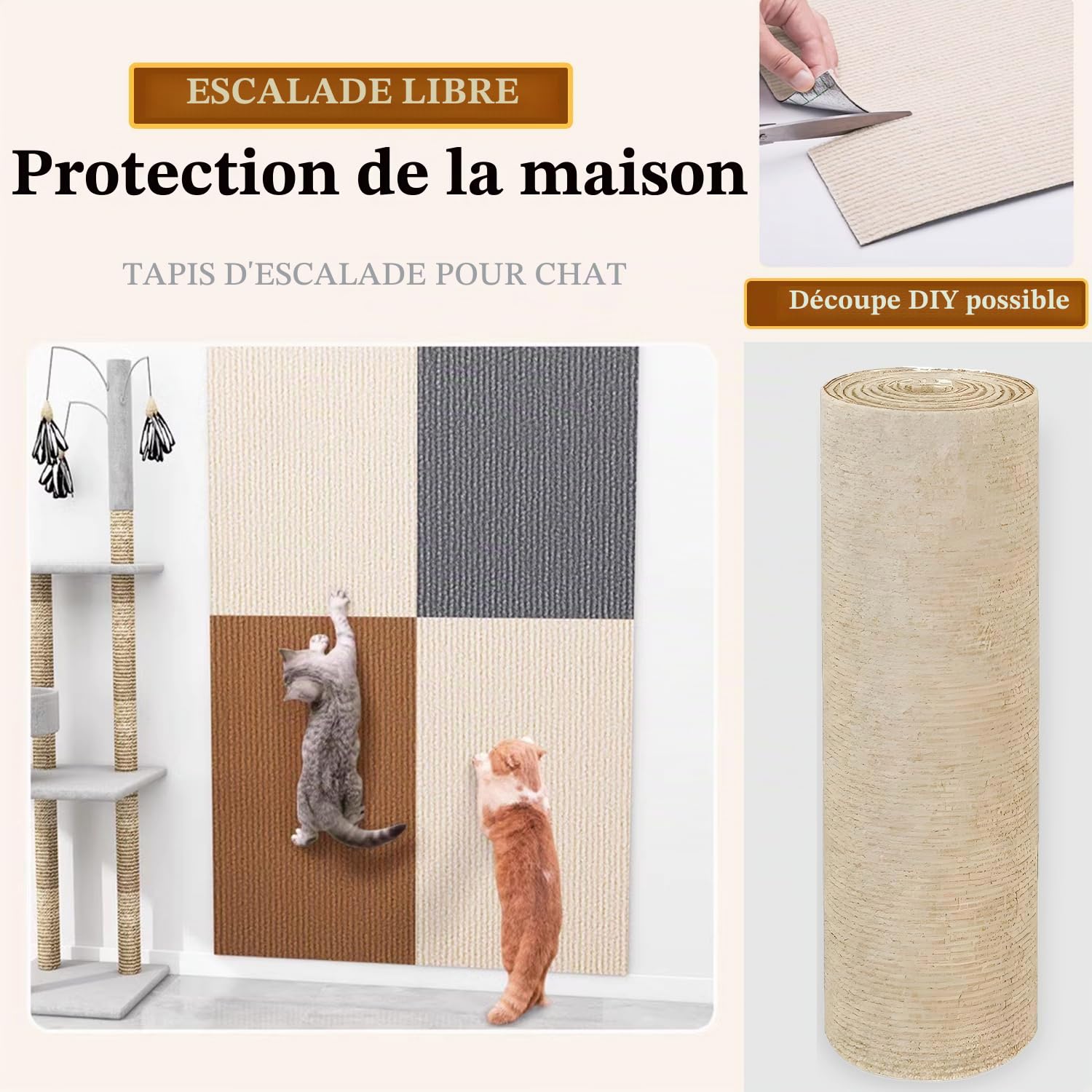 300x40cm Tapis Griffoir pour Chat Tapis Auto-Adhésif Griffoir Chat Canapé Anti Griffe DIY Protection Canape pour Protège Les Meubles (Couleur Kaki)
