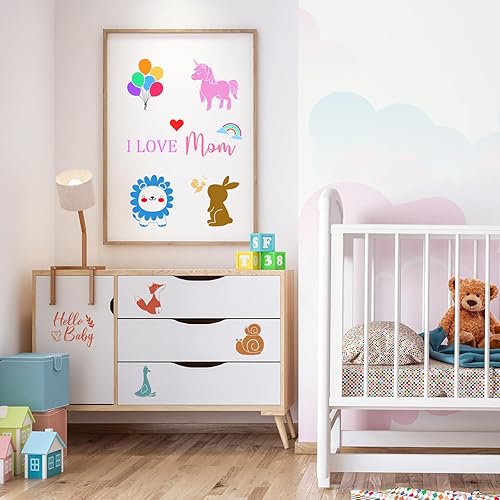 Miniatura 5 de Paquete de 30 lindas plantillas de baby shower para kit de decoración de mamelucos, plantillas reutilizables con temática de animales, plantillas de