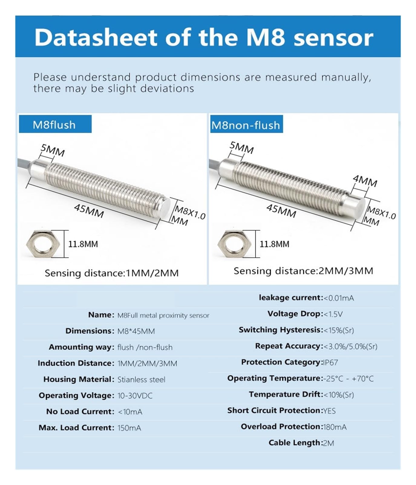 XYNSNDB Näherungssensor M8M12M18M30 mit 2 m Kabel Vollmetallsensor (M12 bündig PNP NO-Sn: 4 mm)