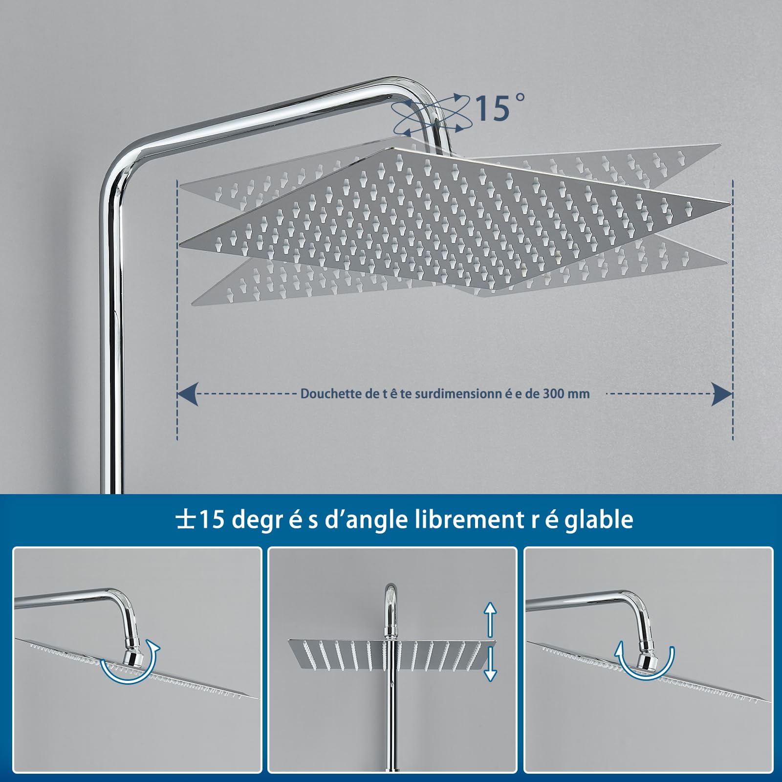 Colonne de Douche Sans Mitigeur,Colonne de Douche Chromé avec Tête de Douche Carré 30x30 CM Pour Baignoire Hauteur Réglable avec Pommeau de Douche en ABS