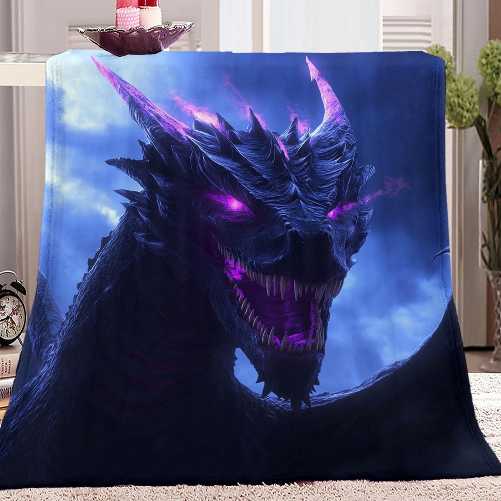 Fantasy Dragon Printed flannel blanket 220 x 240 cm (86.6" x 94.4"), Soft Warm flannel Blanket Super King Blanket suitable Purple Blue for sofa bed